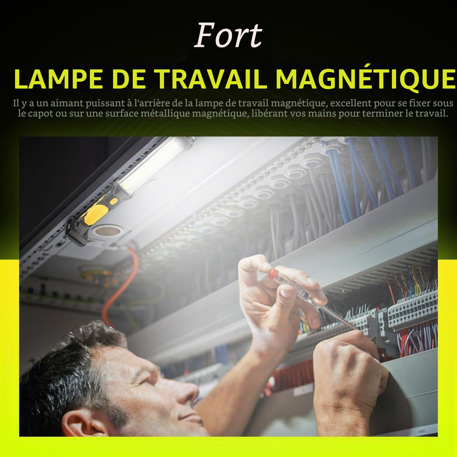WARSUN Lampe Mecanicien 1500 Lumens Sans fil [Classe A+++], Lampe de Travail Rechargeable COB avec Base Magnétique/Crochet - Baladeuse LED Puissante pour Garage, Jaune