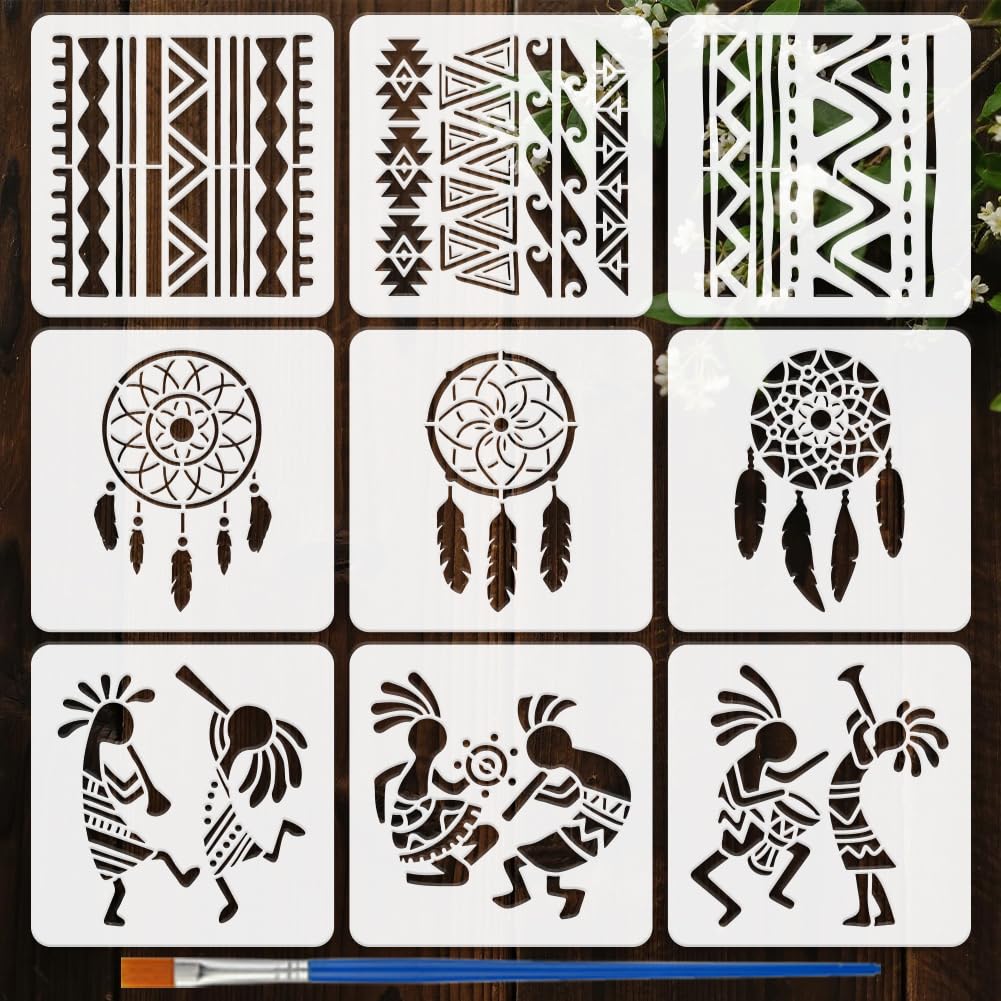 FINGERINSPIRE 9PCS Tribal Patterns Painting Stencils with Paint Brush 15x15cm Dreamcatcher Drawing Templates Geometry Cartoon People Stencils Tribal Theme Template for Floor Furniture Decoration