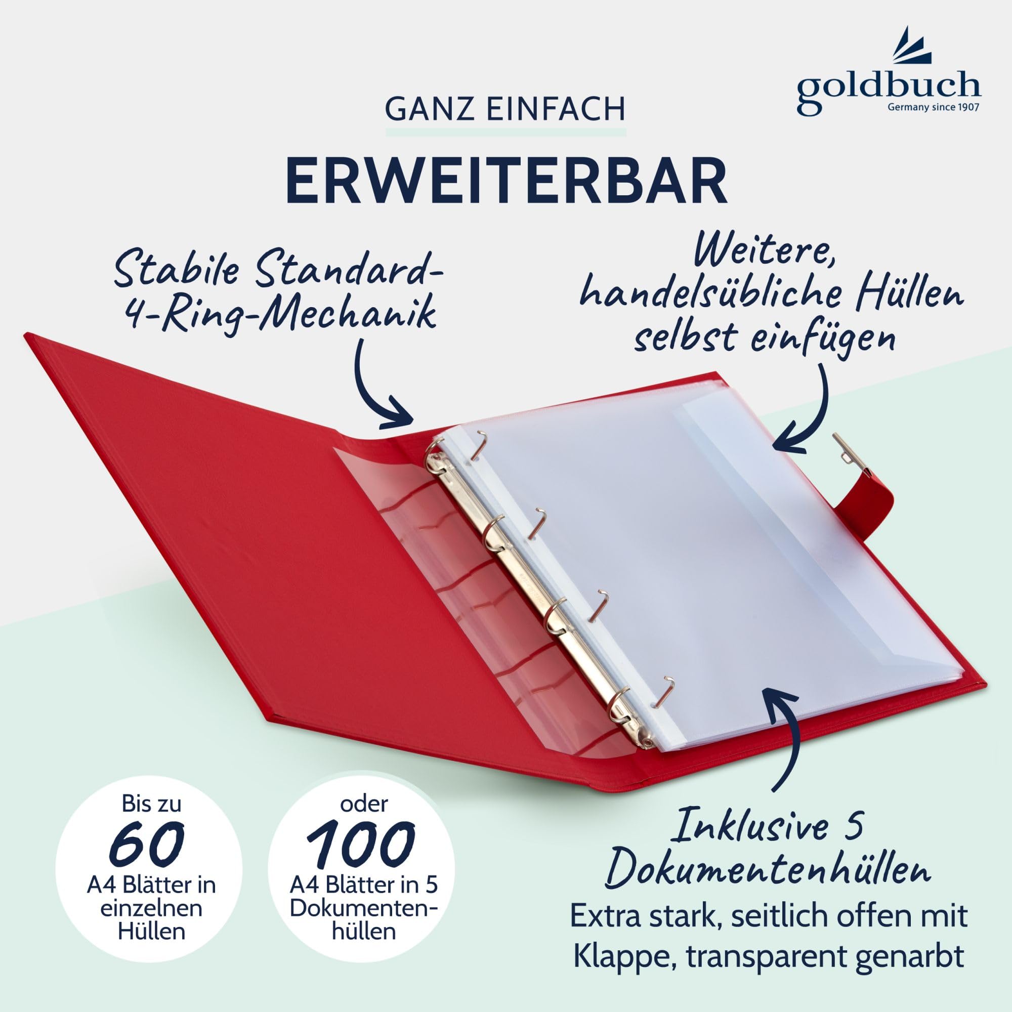 Dokumentenmappe Cezanne rot Dokumentenmappe | Ordnungsmappe DIN A4 mit 4-Ring-Mechanik, Schloss & 5 Sichthüllen, erweiterbare Ringmappe mit Kunstleder-Einband Rot