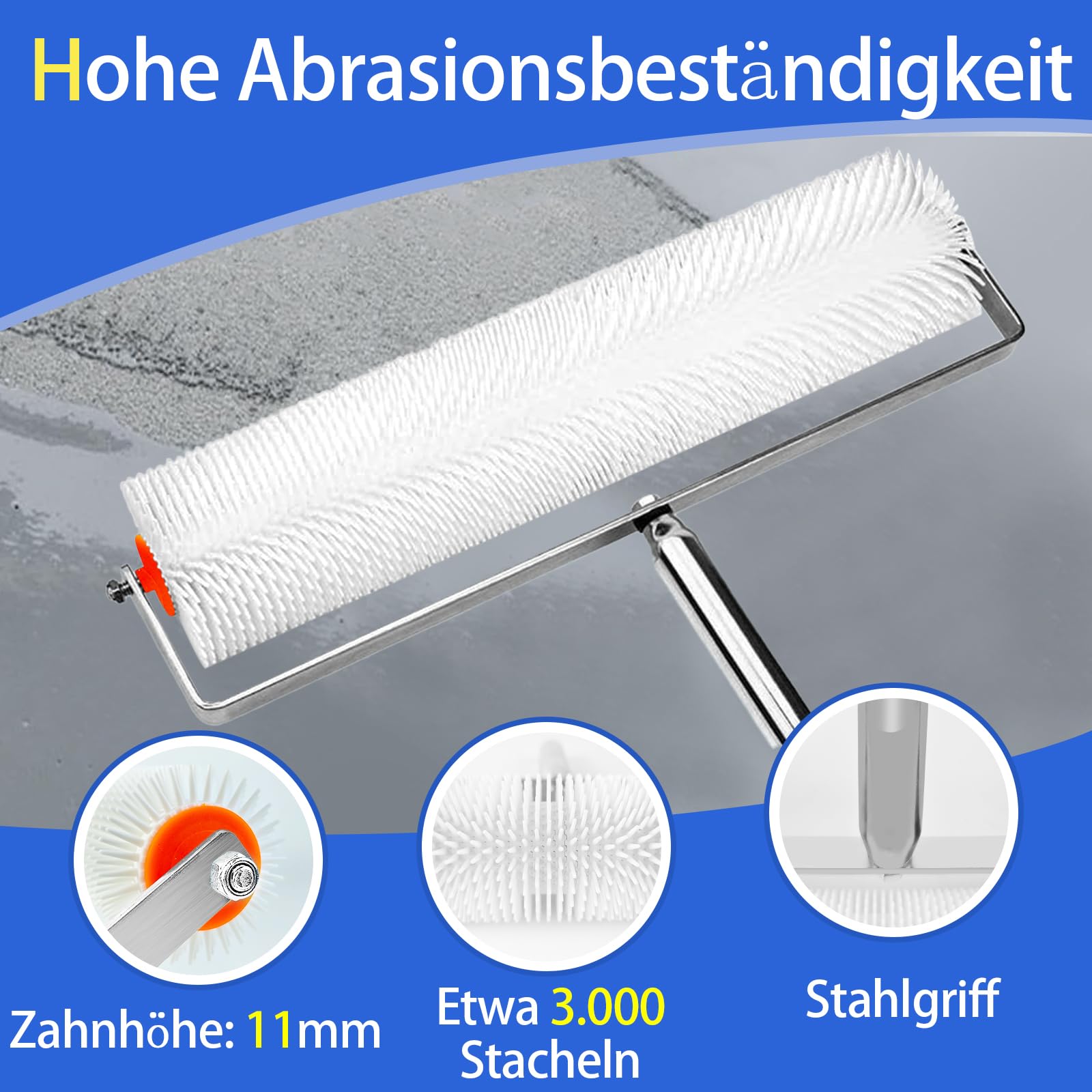 VKE Bodenbeschichtung Entlüftungsroller Set, Stachelwalze Ausgleichsmasse, Entlüftungswalze 11 mm, Nagelschuhe 30 mm, Edelstahl Stehrakel und Teleskopstange 162 cm (mit Farbrolle und Spachtel)