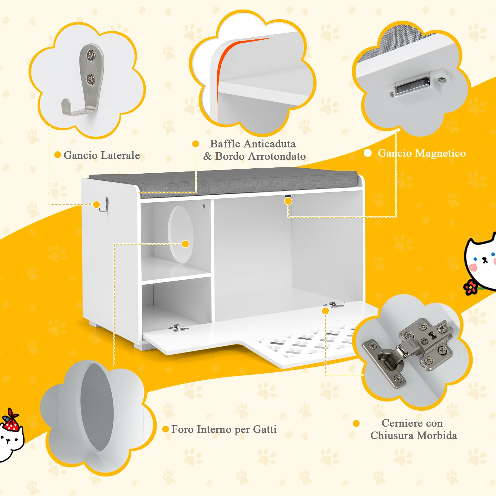 GYMAX Casetta per Gatti 2 in 1 con Apertura a Cerniera, Cuscino Rimovibile, Mobile Multifunzione per Lettiere per Gatti in Stile Moderno per Camera da Letto, Soggiorno, 90 x 48,5 x 52 cm, Bianco
