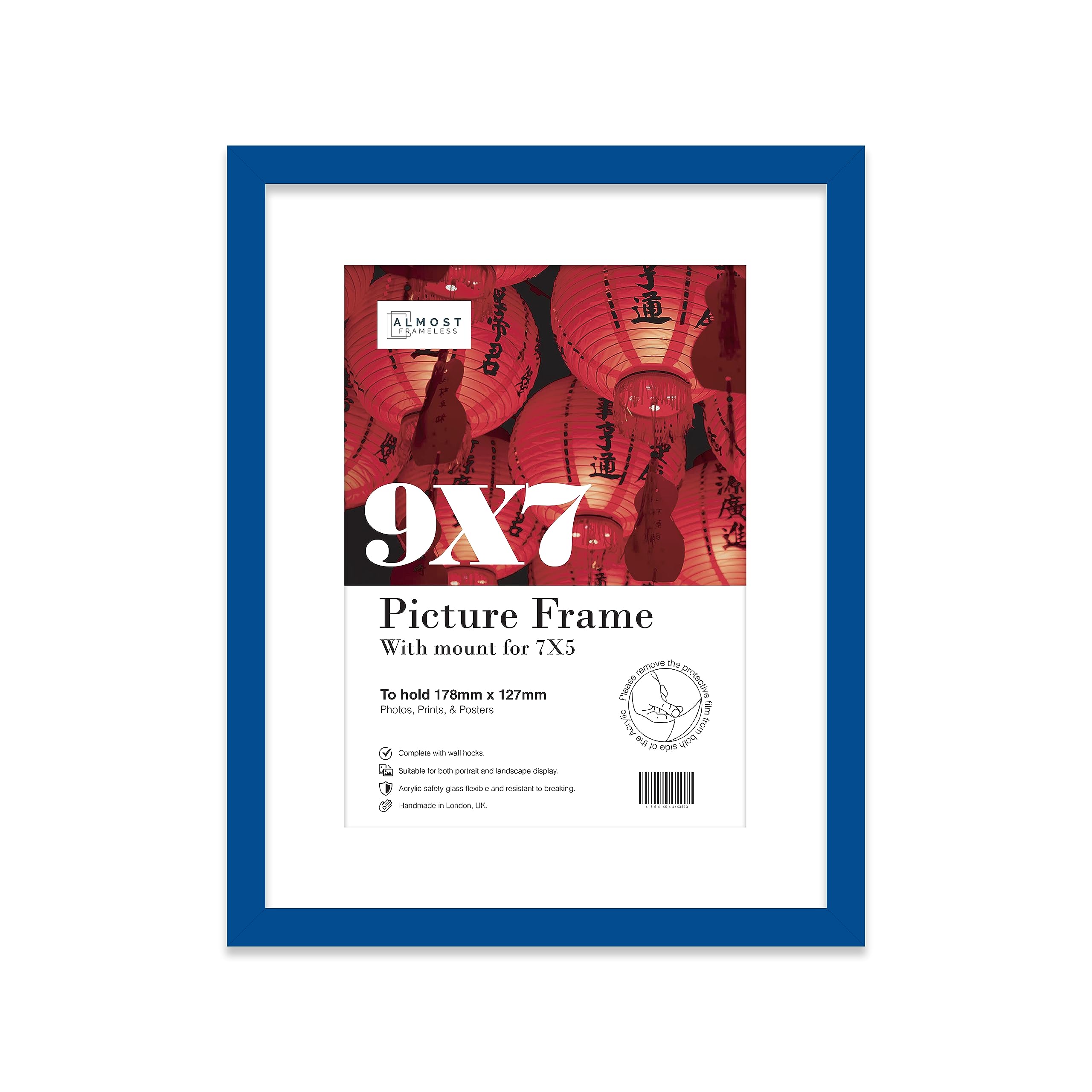 Almost Frameless 9x7 Blue Picture Frame With Mount for 7x5 Print, Poster or Photo Poster, Photo, Artwork, or Print. Thin Edge Slim Frame Portrait and Landscape Display with Wall Hooks