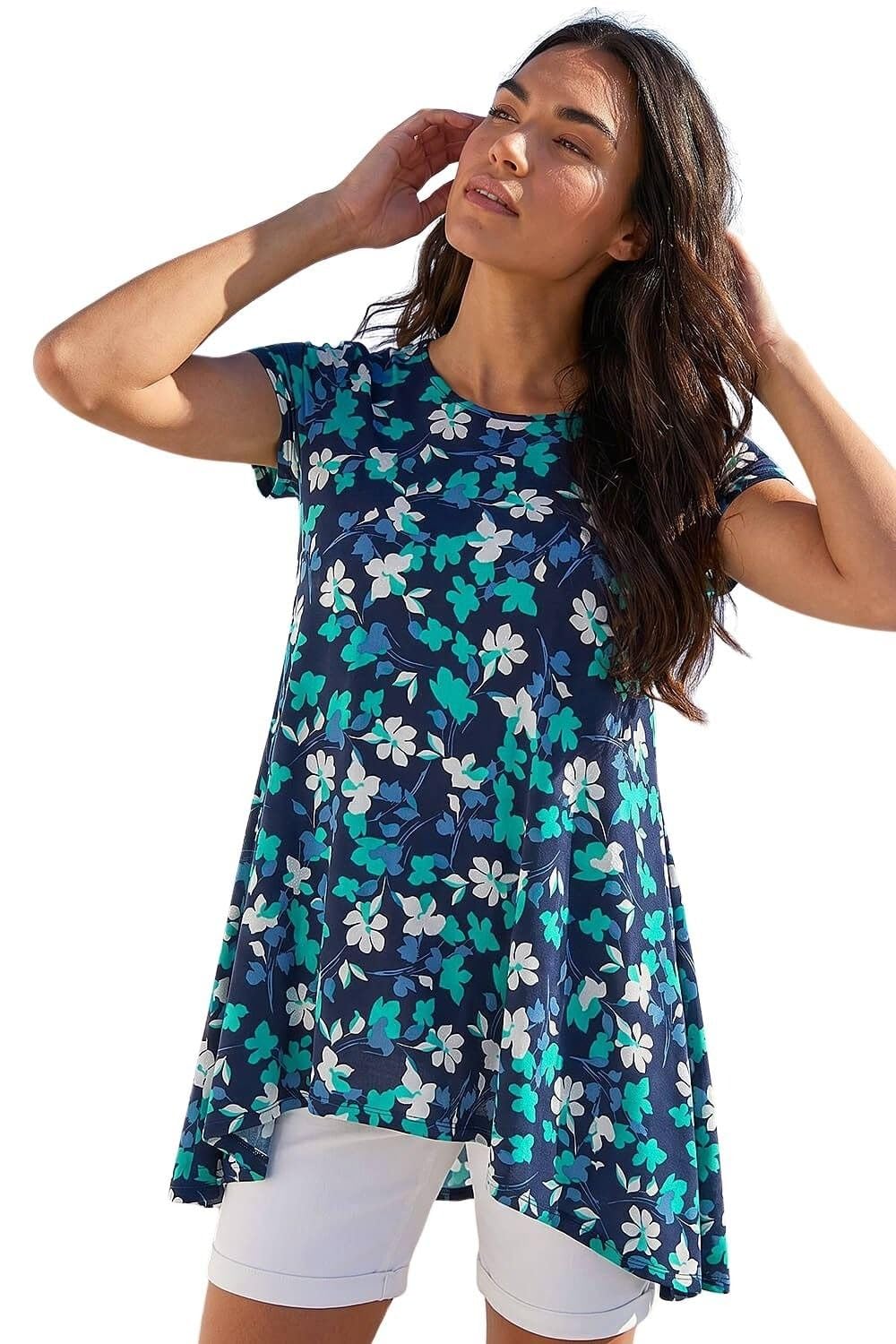 Roman Originals Women's Floral Teal Hanky Hem Tunic Top For Uk - Longline Blouse Asymmetric Hemline Short Sleeves Casual Slouch Loose Summer Spring Relaxed Comfortable - Size 18