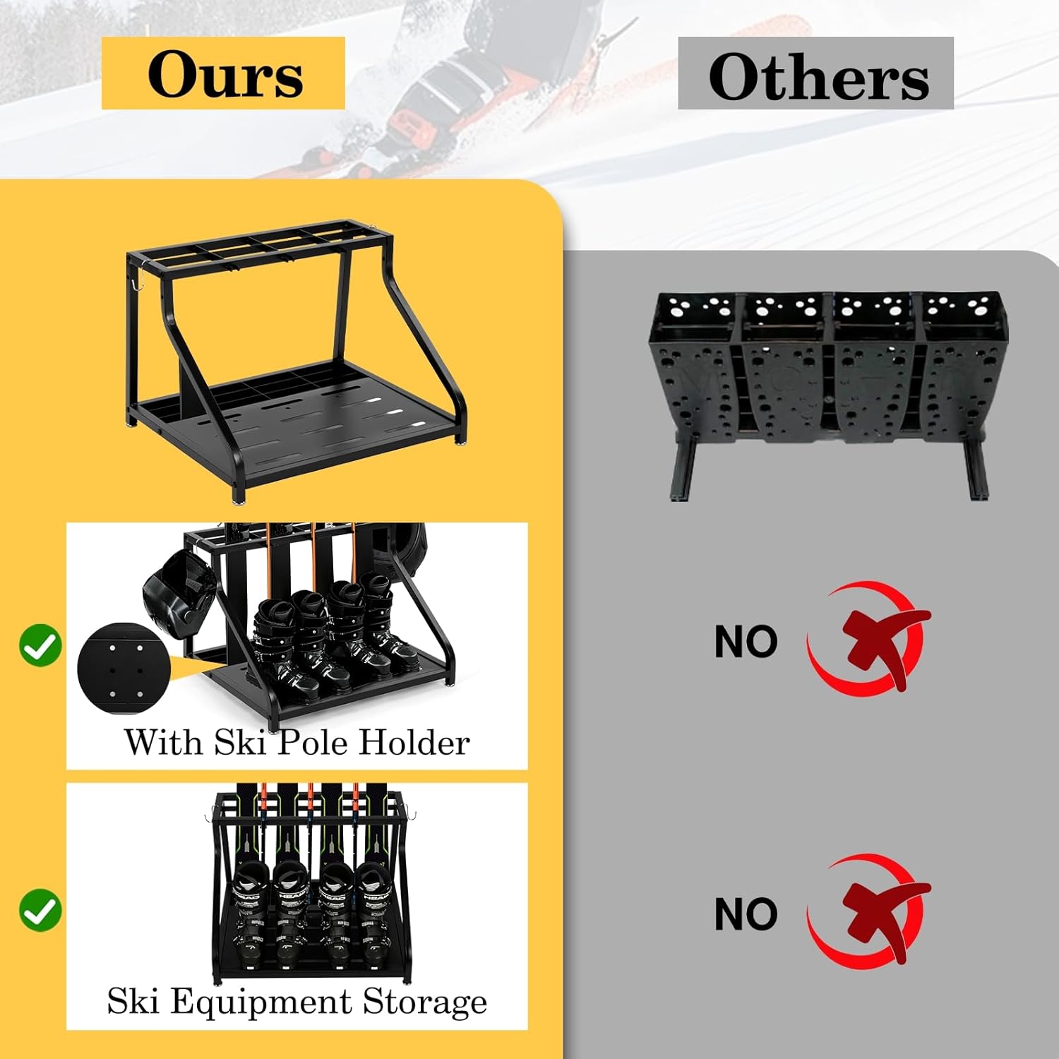 Freestanding Ski Storage Rack – Inclined Design, No Tipping Over, for 4 Pairs Ski, 2 Pairs Ski Boots, 2 Helmets, 3 Separate Pole Fixed Buckles, for Garage, Shed, Basement, 180LB.