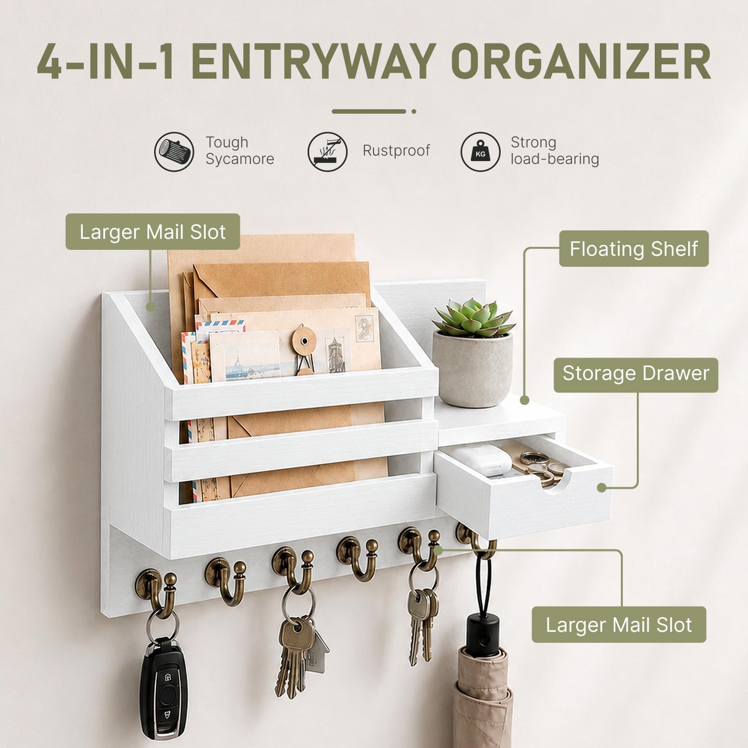FifthQuarter Key Holder Wall Mount: Key and Mail Holder for Wall with 6 Hooks and Storage Drawer, Easy Installation Key Rack for Entryway Home Decor (A-White)
