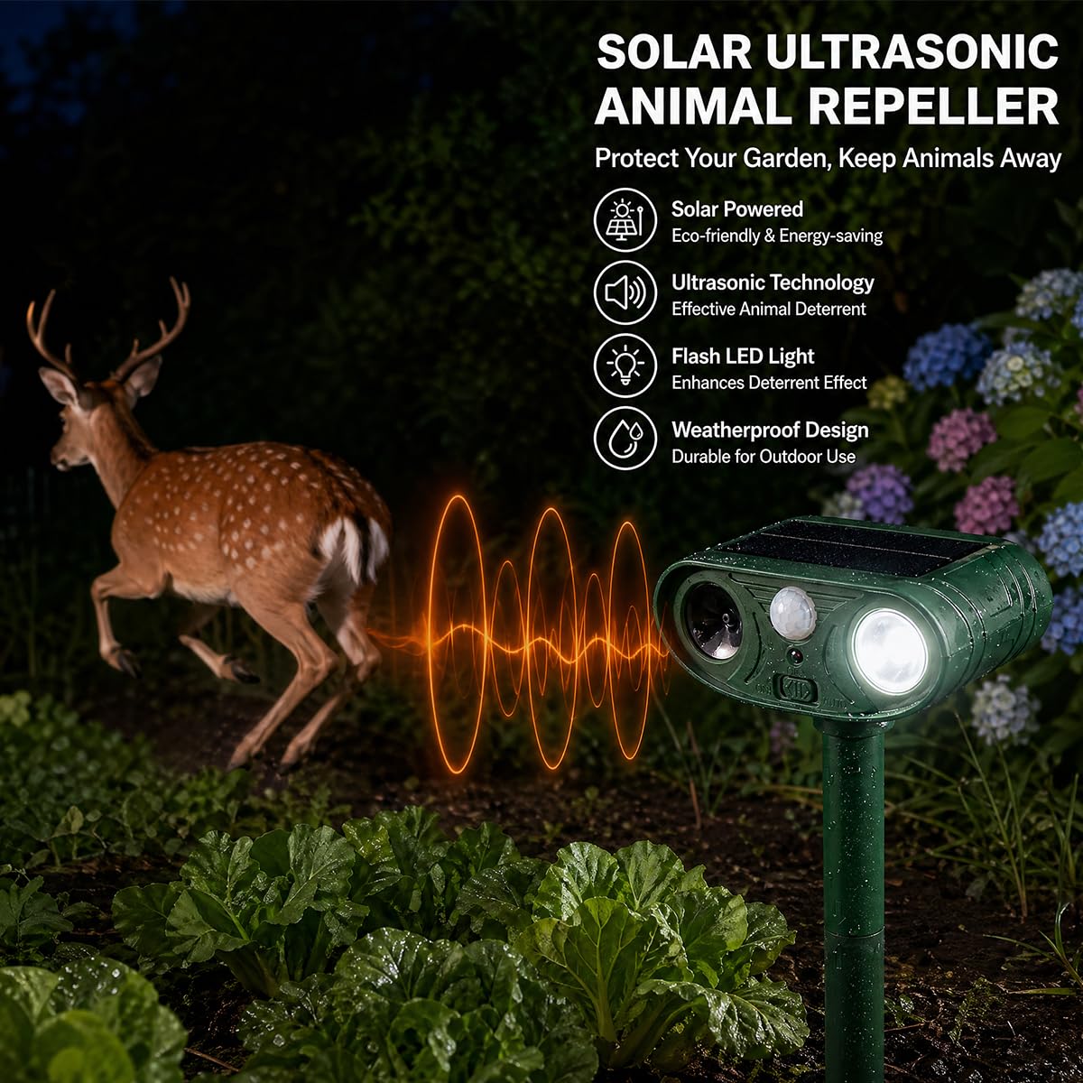 Solar Ultraschall Tiervertreiber 2 Pack, Hirschabwehrgeräte Wasserdicht, Katzenschreck Outdoor mit Bewegungserkennung Eichhörnchen Stinktier Kaninchen Hund Waschbär Abschreckungen Tiervertreiber für