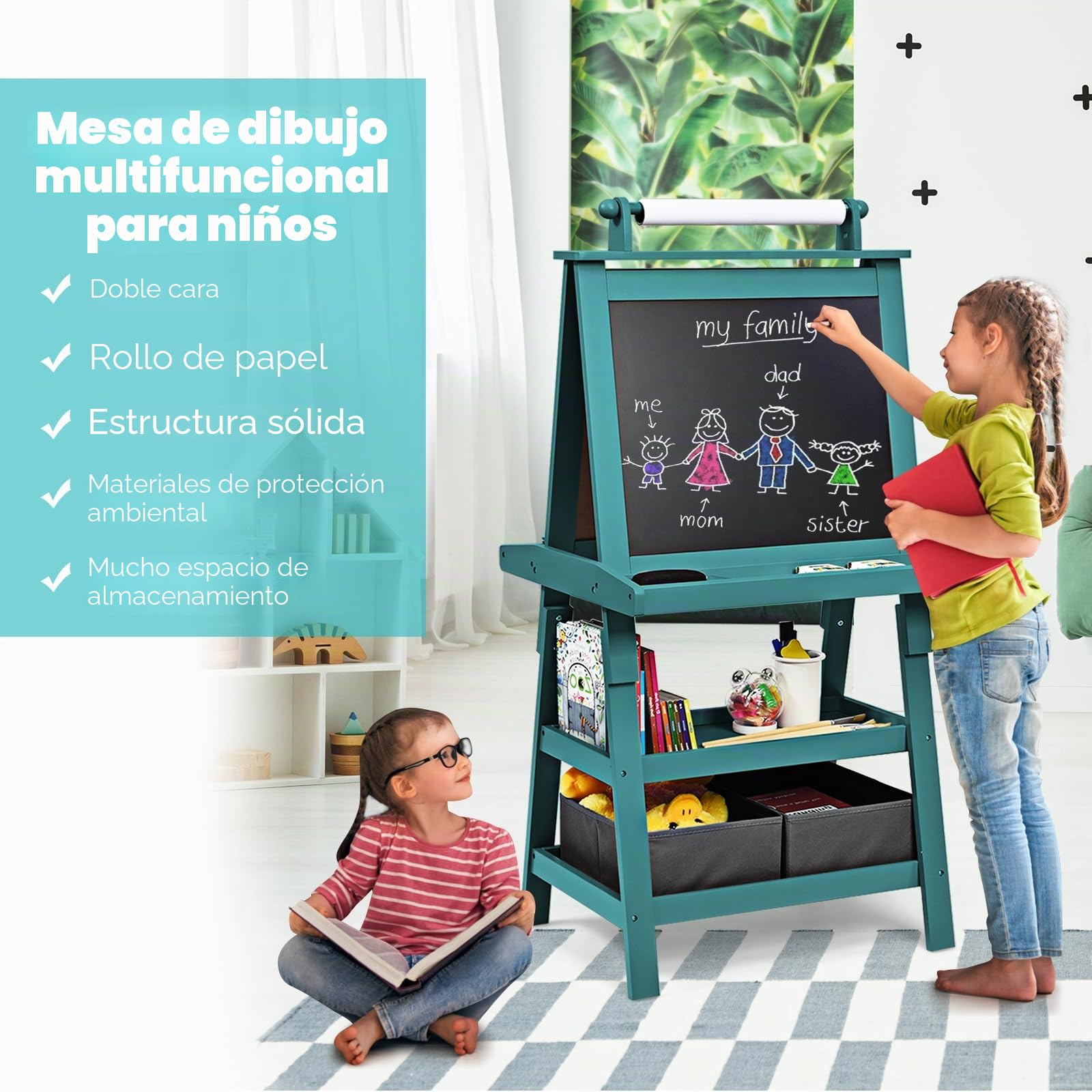 RELAX4LIFE Pizarra 3 en 1 para niños de doble cara, 56 × 43 × 117 cm (azul)