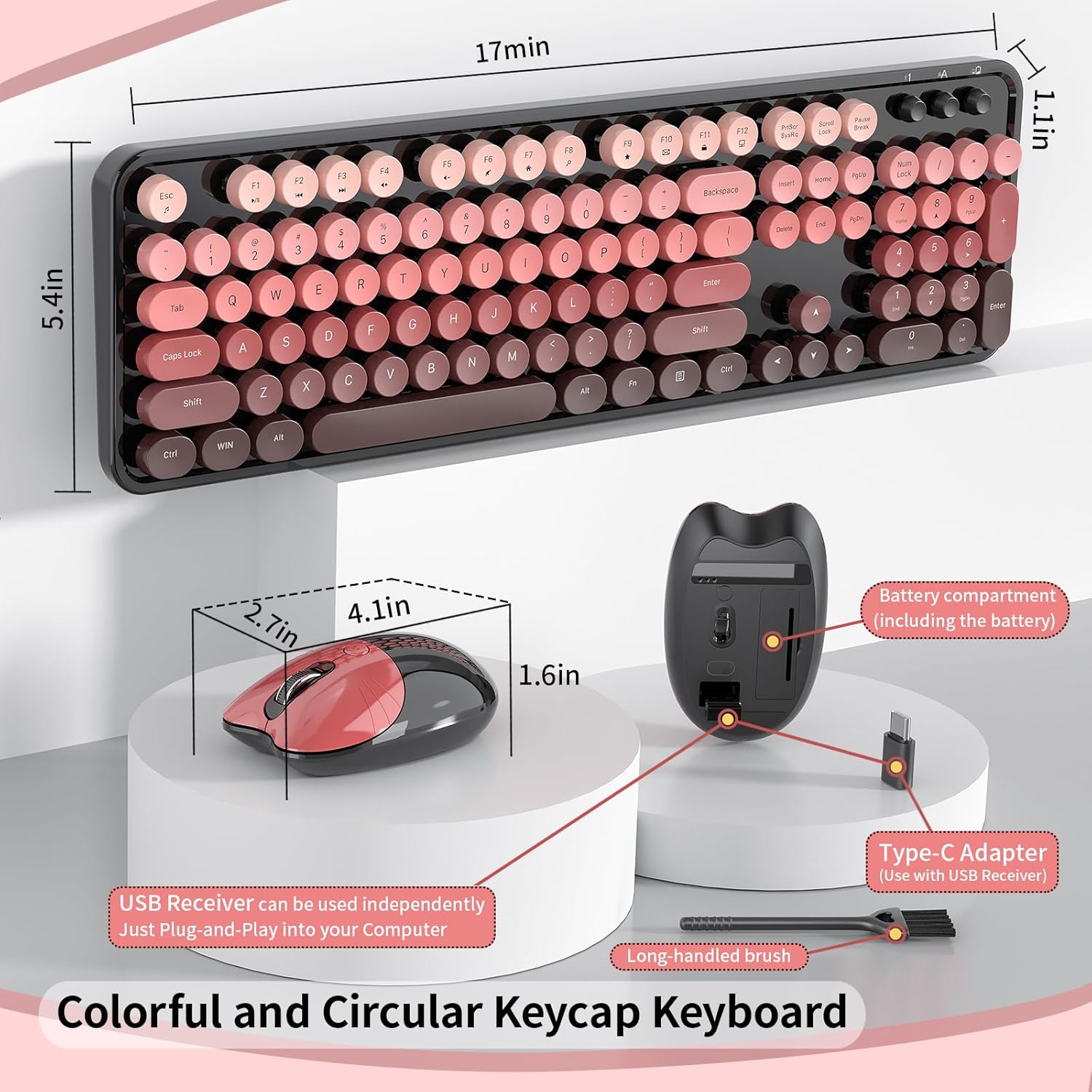 Wireless Keyboard and Mouse, 104 Round Keycaps Retro Typewriter with OTG & Brush, Full-Size Ergonomic, Ideal for Windows PC, Home, Office and College Black Pink