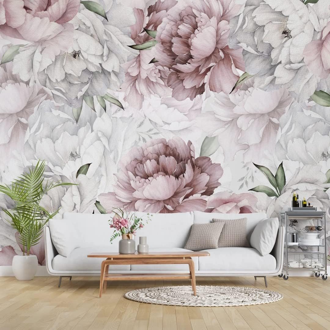 Pink and White Big Roses Floral Peel and Stick Wallpaper 100''H x 150''W
