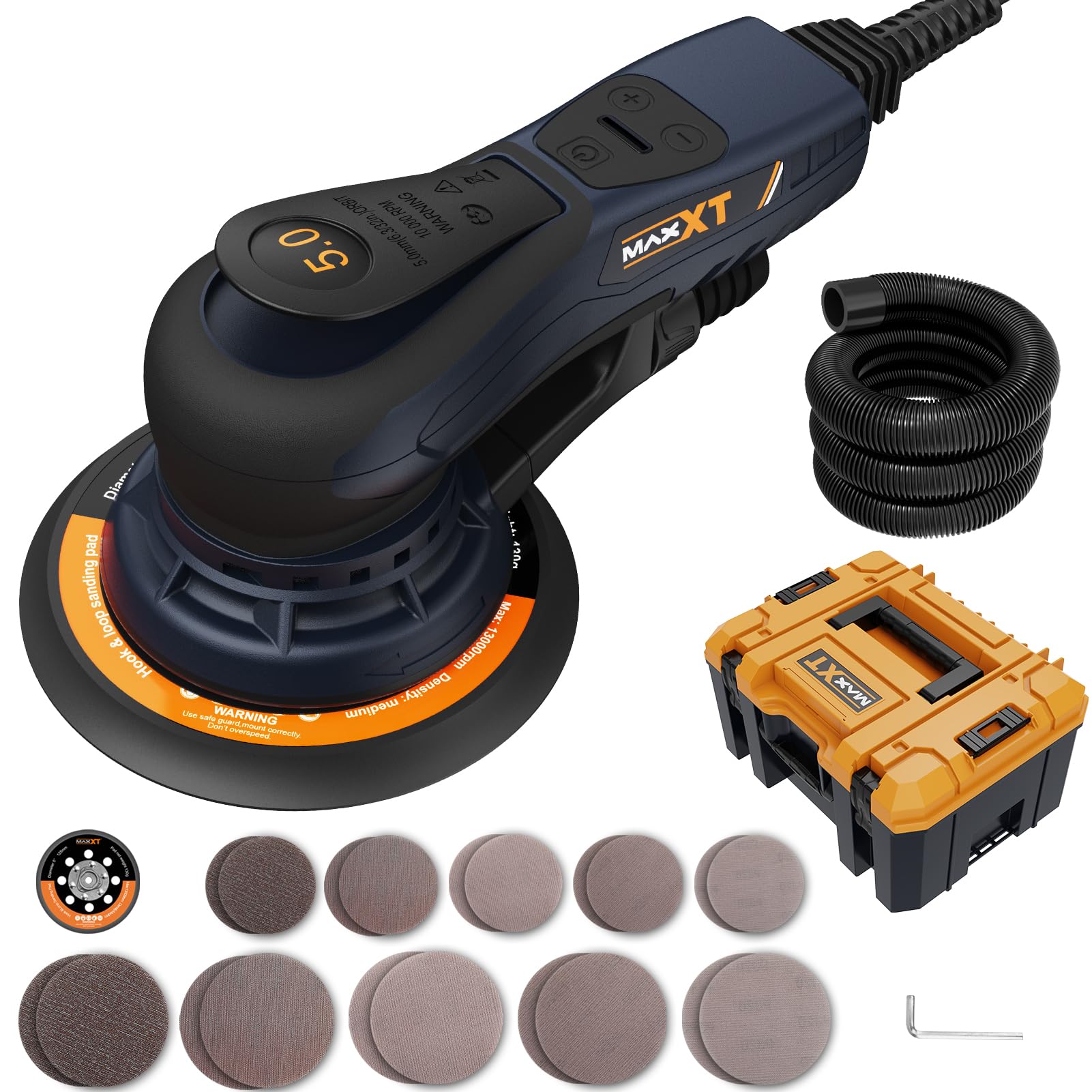 Levigaorbitale MAXXT 5,0mm brushless | Plateau doppio 150mm & 125mm | Motore EC 350W | 4000-10000 RPM | Scatola stampata | 20 carte abrasive per legno e lucidatura