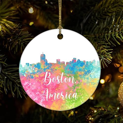 Miniatura 9 de Adornos de recuerdo de Navidad América-Boston, adornos de cerámica, adornos de decoración de acuarela de ciudad, árbol de Navidad, adornos colgantes