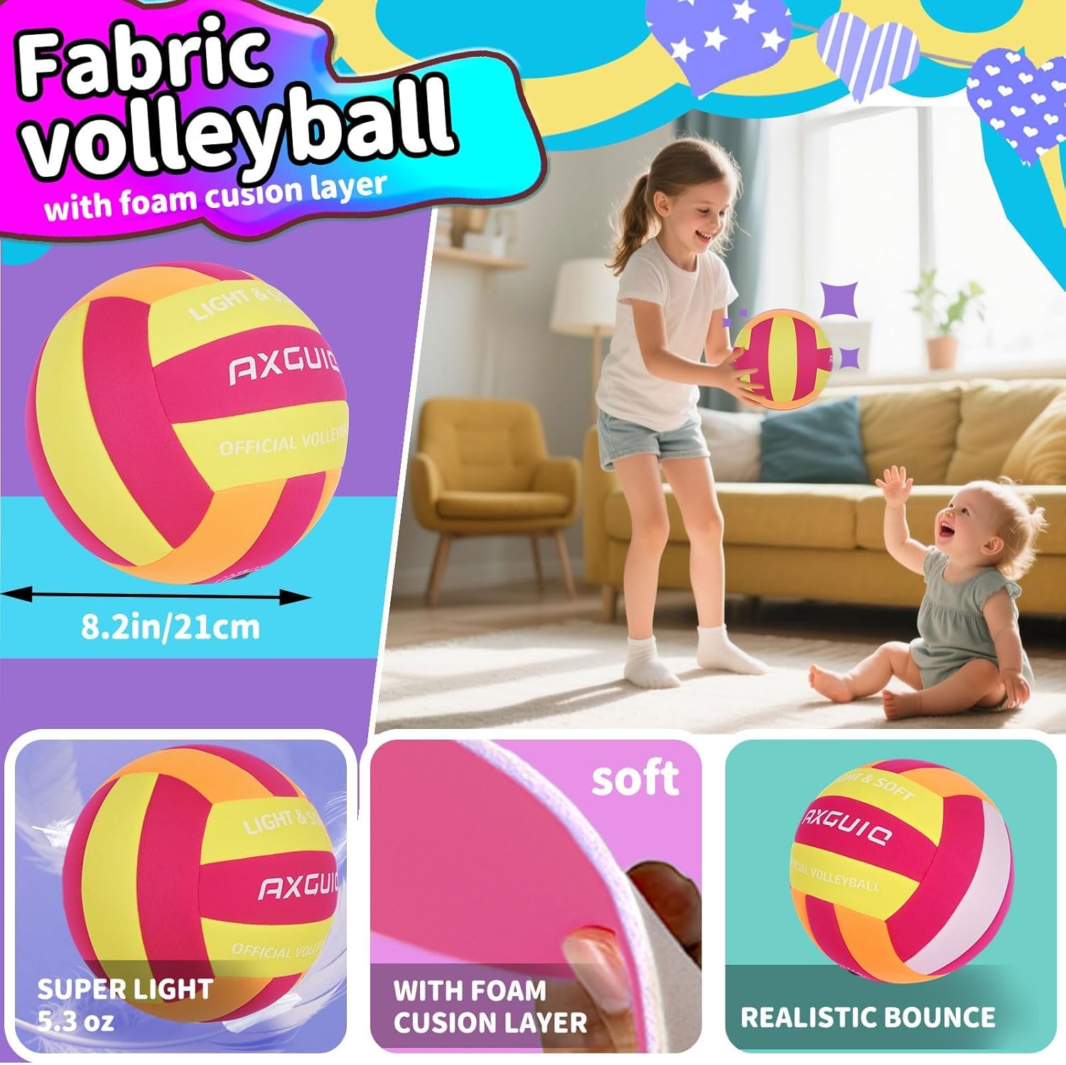 Super Soft Light Volleyball, Indoor Volleyballs for Inside House and Yard, Safe Volley Lite Volleyball for Kids Youth Adult Beginners Trainer Gifts (Deflated) - Image 4