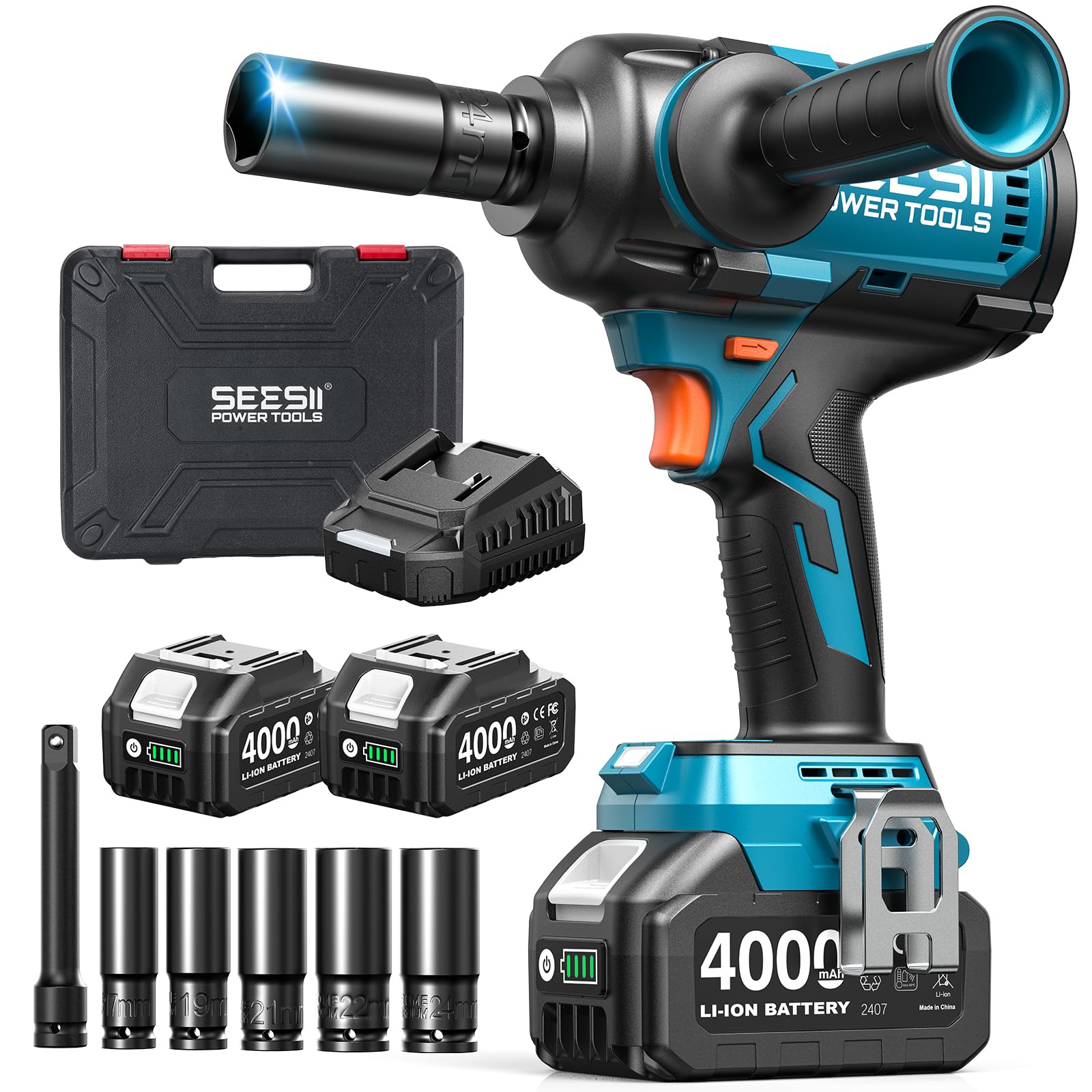 Seesii Impact Wrench 1600Nm(1180ft-lbs), Brushless Motor 2300 RPM Impact Driver, 1/2 High Torque Impact Wrench with 2X 4.0 Ah Battery & 5 Stockets, Cordless Impact Gun for Automotive, DIY