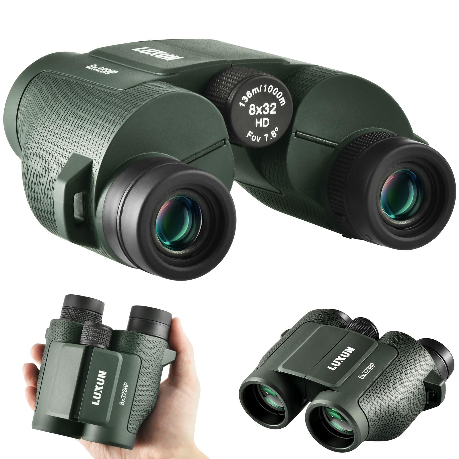 LUXUN Prismáticos pequeños para adultos, 8 x 32, para caza, ocular grande, ultrasharp, mini binoculares para observación de aves, color verde