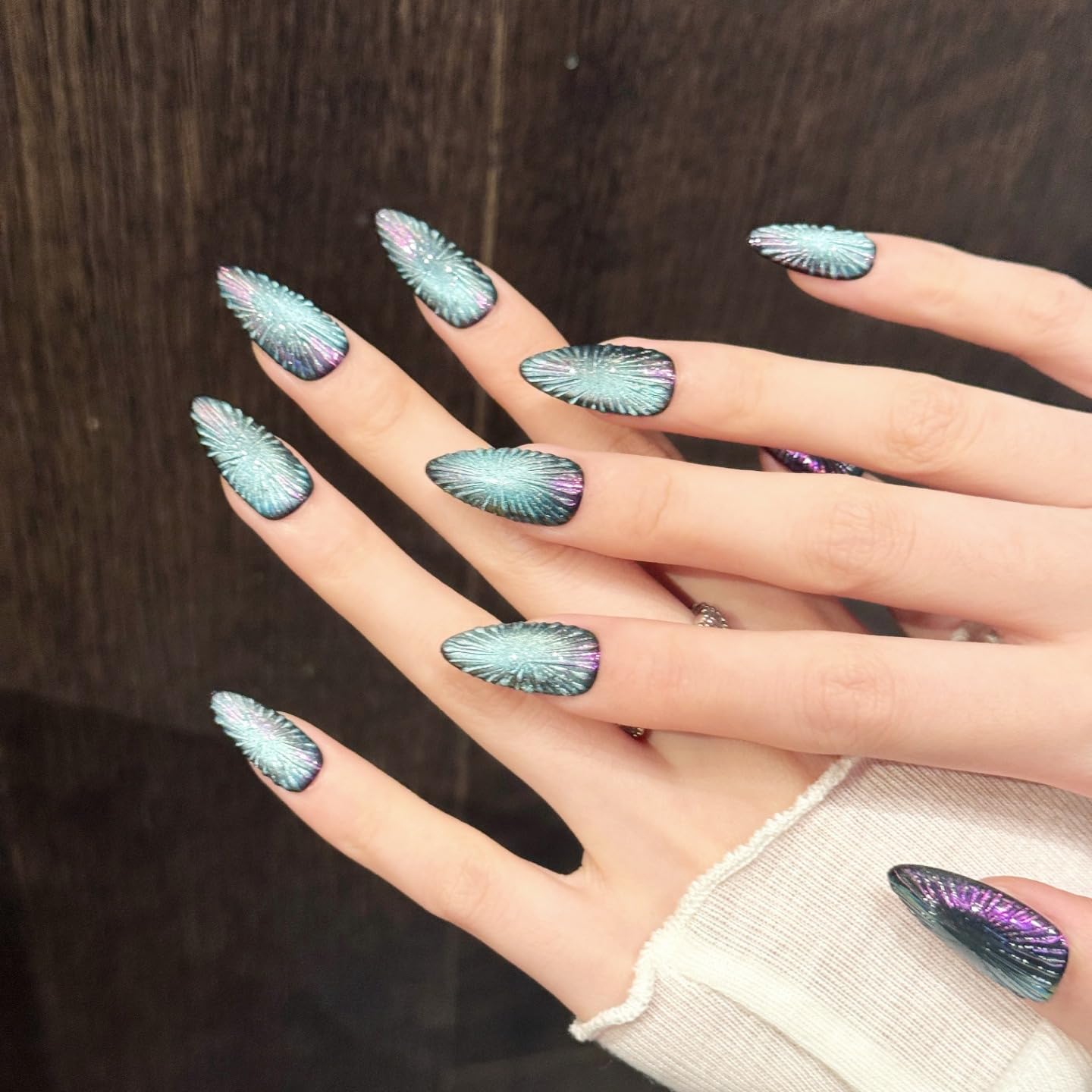 Handmade Press on Nails Popular Almond Shape with Ice Blue Cat Eye and Crushed Ice Design Handmade Stiletto Press on Nails 3D Cat Eye Press on Nail（S） image 2