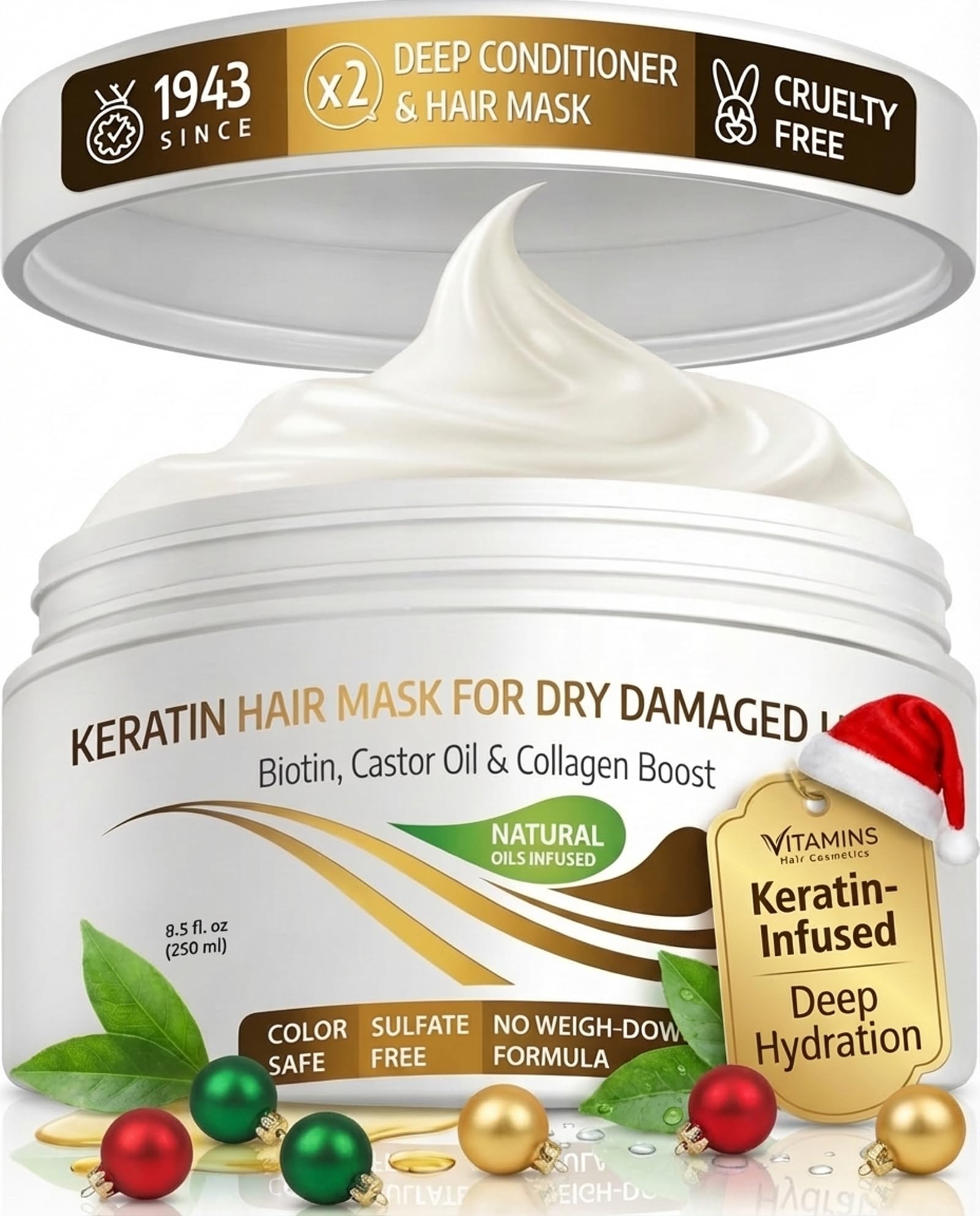VITAMINS hair cosmetics Keratin Hair Mask Deep Conditioner - Biotin Collagen Protein & Castor Oil Repair for Dry Damaged Hair - Conditioning Treatment for Curly or Straight Thin Fine Locks