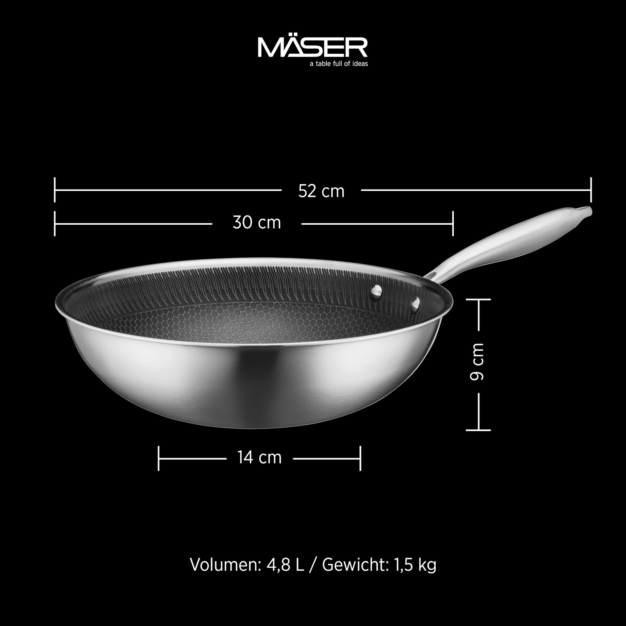 MÄSER Hestia, Wok 30 cm, Edelstahl keramikbeschichtet mit Wabenstruktur, Silber/Schwarz