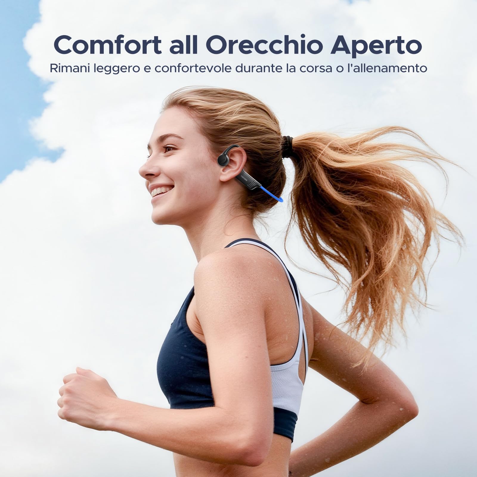 Bone Beat Run Cuffie Conduzione Ossea, Auricolari Sport Bluetooth Impermeabili IP66 Senza Tappi, 10h Autonomia Ricarica Rapida Doppia EQ Orecchie Aperte per Corsa Ciclismo Palestra - Blu