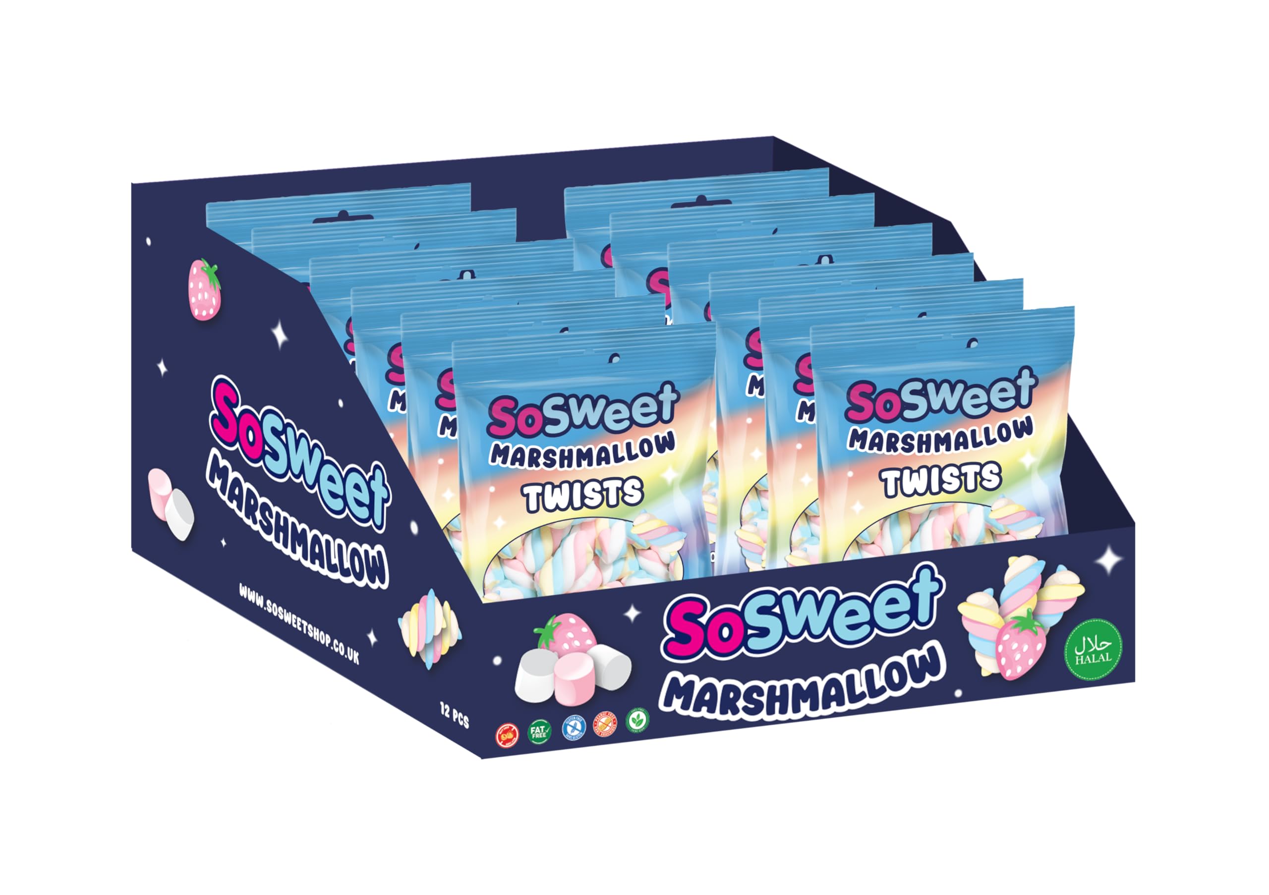 SoSweet Marshmallow Twists – 12 x 140g Bags of Soft, Fluffy Tutti Frutti Flavour Marshmallows | Great for Snacking, Desserts | Sweet Shop Favourite