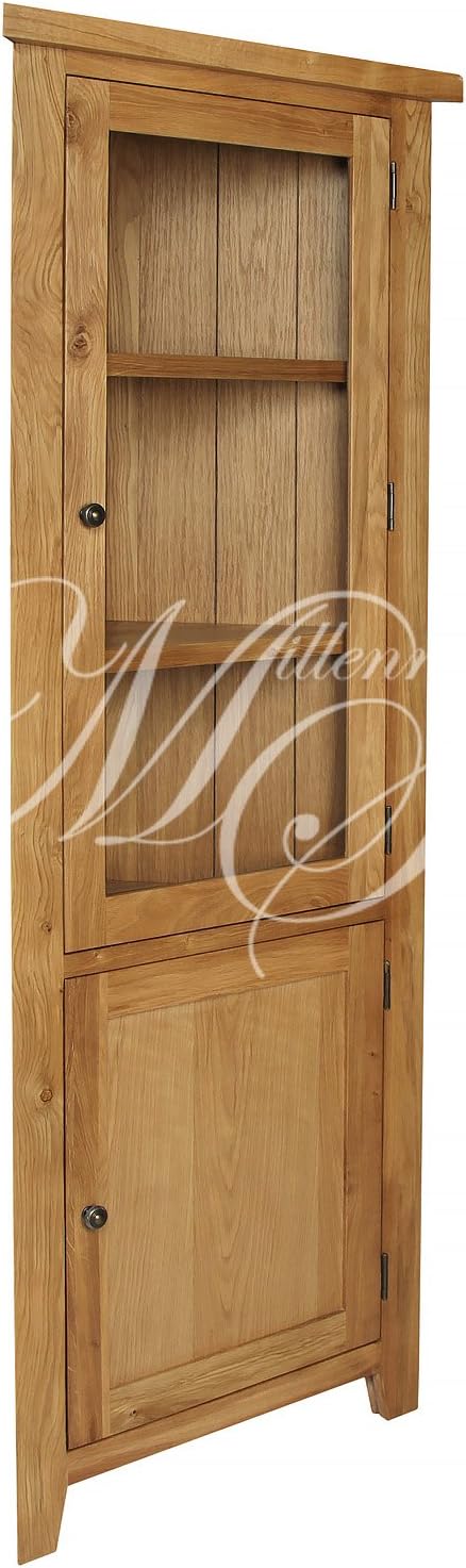 SOLID CHUNKY WOOD RUSTIC OAK GLASS FRONTED CORNER DISPLAY CABINET CUPBOARD UNIT