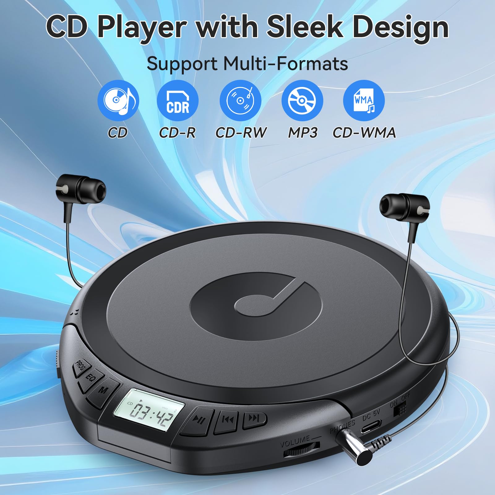 Lecteur CD portable avec casque de voiture portable et résistant aux chocs avec écran LCD, câble auxiliaire et écouteurs pour le sport, la maison, l'extérieur