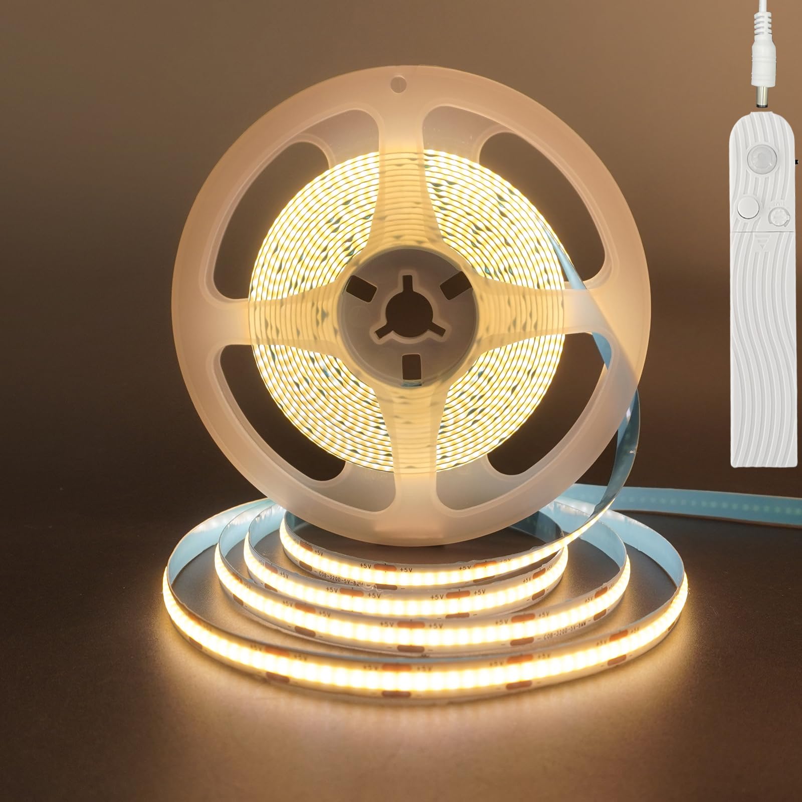 Clearhill 5V Motion Sensor COB LED Strip Lights,Time-Delay Adjustable,Two Power Supply Ways,Battery Powered(no Battery),3.28FT/1M,Warm White 3000K,320LEDs/M,8mm Width,for Kitchen Cabinet