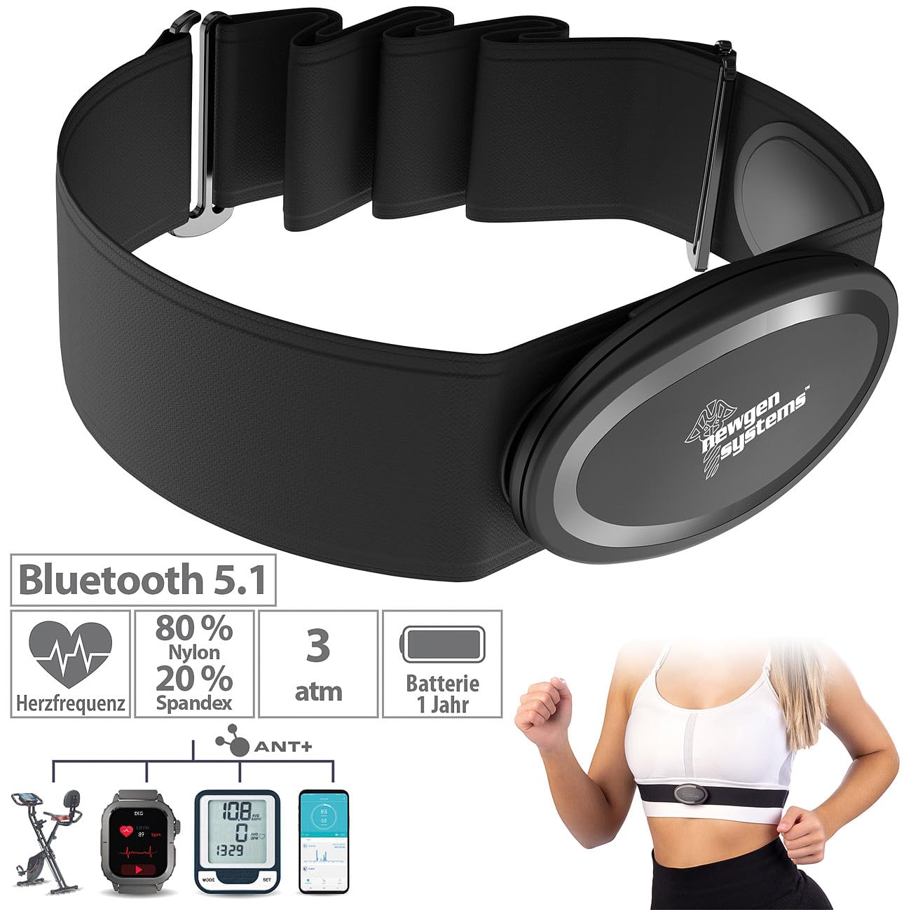 newgen medicals Sport Brustgurt: Smarter Brustgurt mit Herzfrequenz-Sensor, ANT+ und Bluetooth (Sport-Herzfrequenz-Brustgurt, Pulsmessergurt, Schrittzähler)