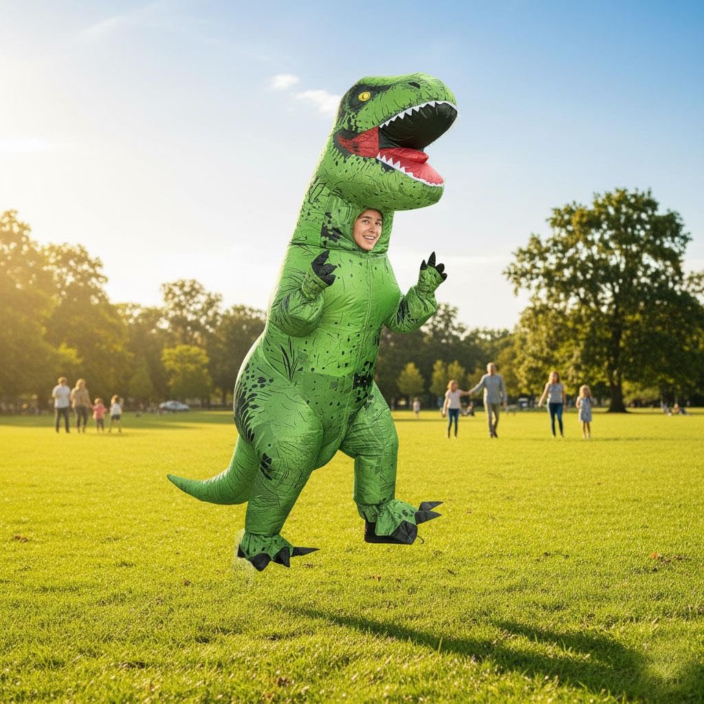 A2Z 4 Kids Nadmuchiwany kostium dinozaura na Halloween dla chłopców i dziewcząt, T-Rex, fantazyjny strój z wachlarzem i akumulatorem, zielony, jurajski, Halloween, przyjęcie, cosplay, jeden rozmiar
