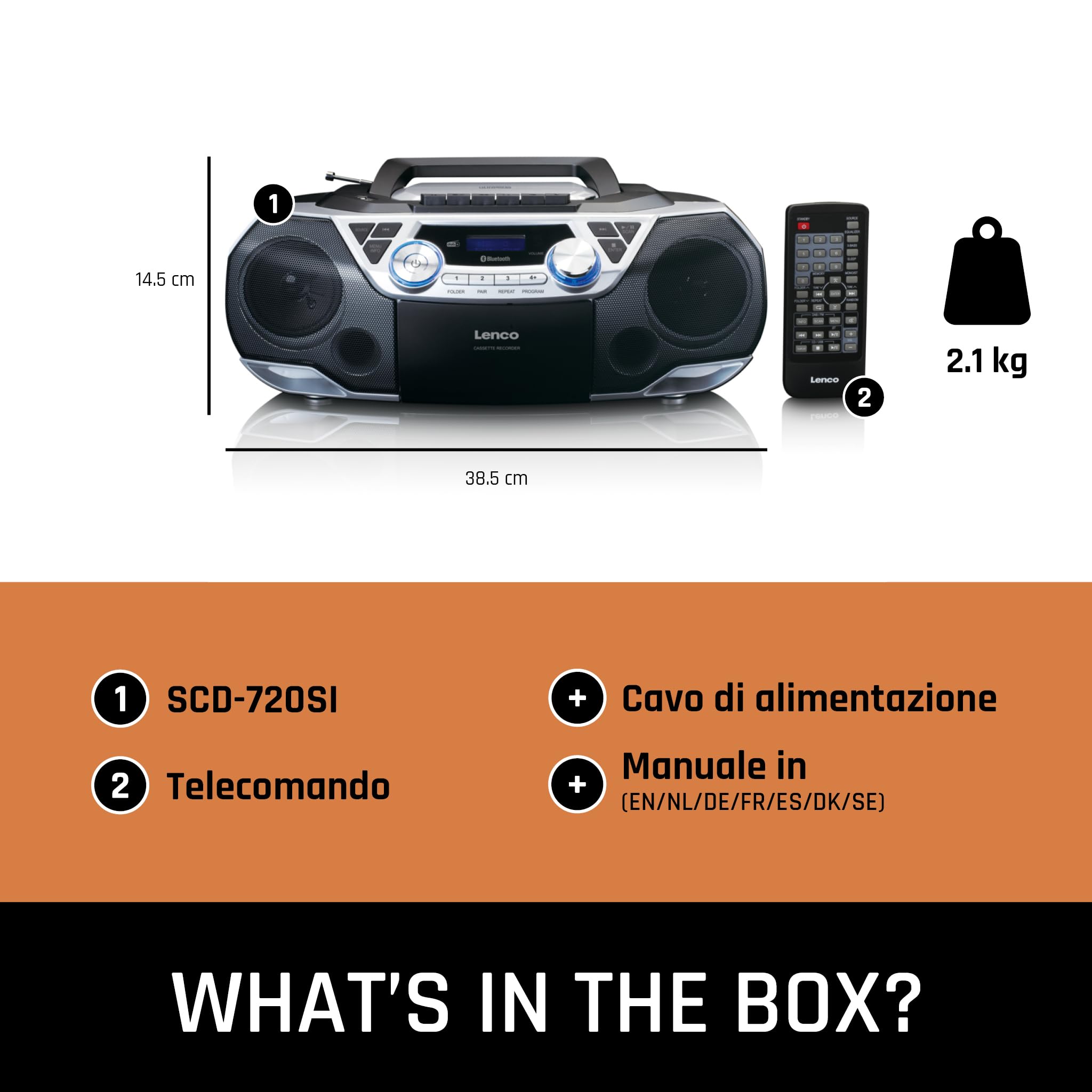 Lenco SCD-720 – Boombox DAB+ – Bluetooth 5.0 – lettore CD/MP3 – ponte cassette – radio FM – porta USB – 2 x 6 Watt RMS – Bass Reflex – telecomando – argento