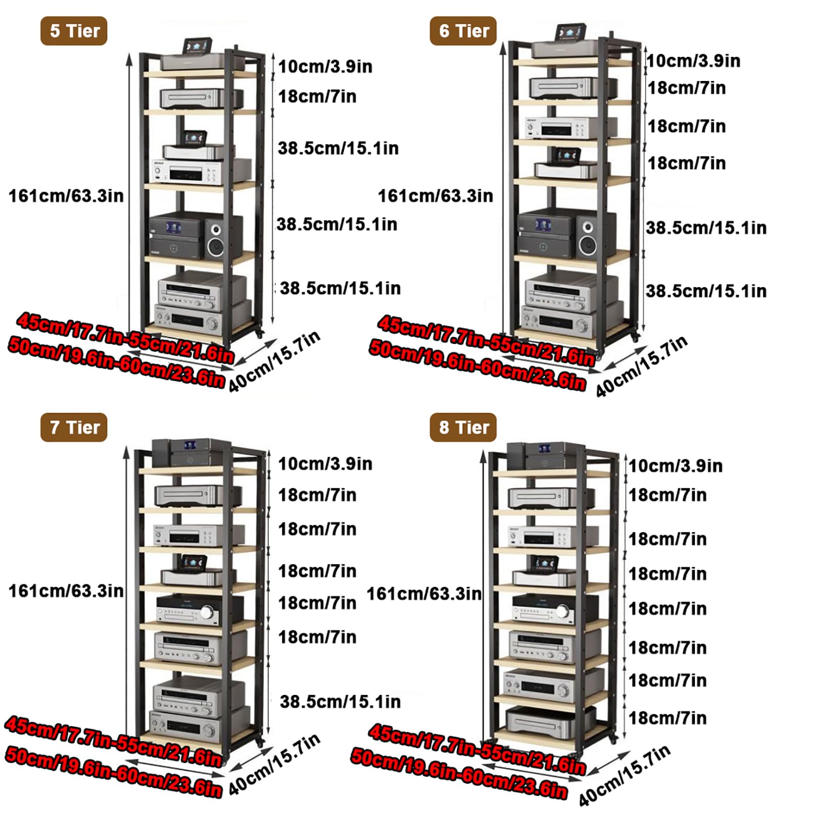 Support AV réglable de 5/6/7/8 niveaux – Lecteur de disque mobile et rack DVD/CD, étagère de console naturelle pour la maison, le bureau et le théâtre, peut contenir du matériel audio, 60 cm de large