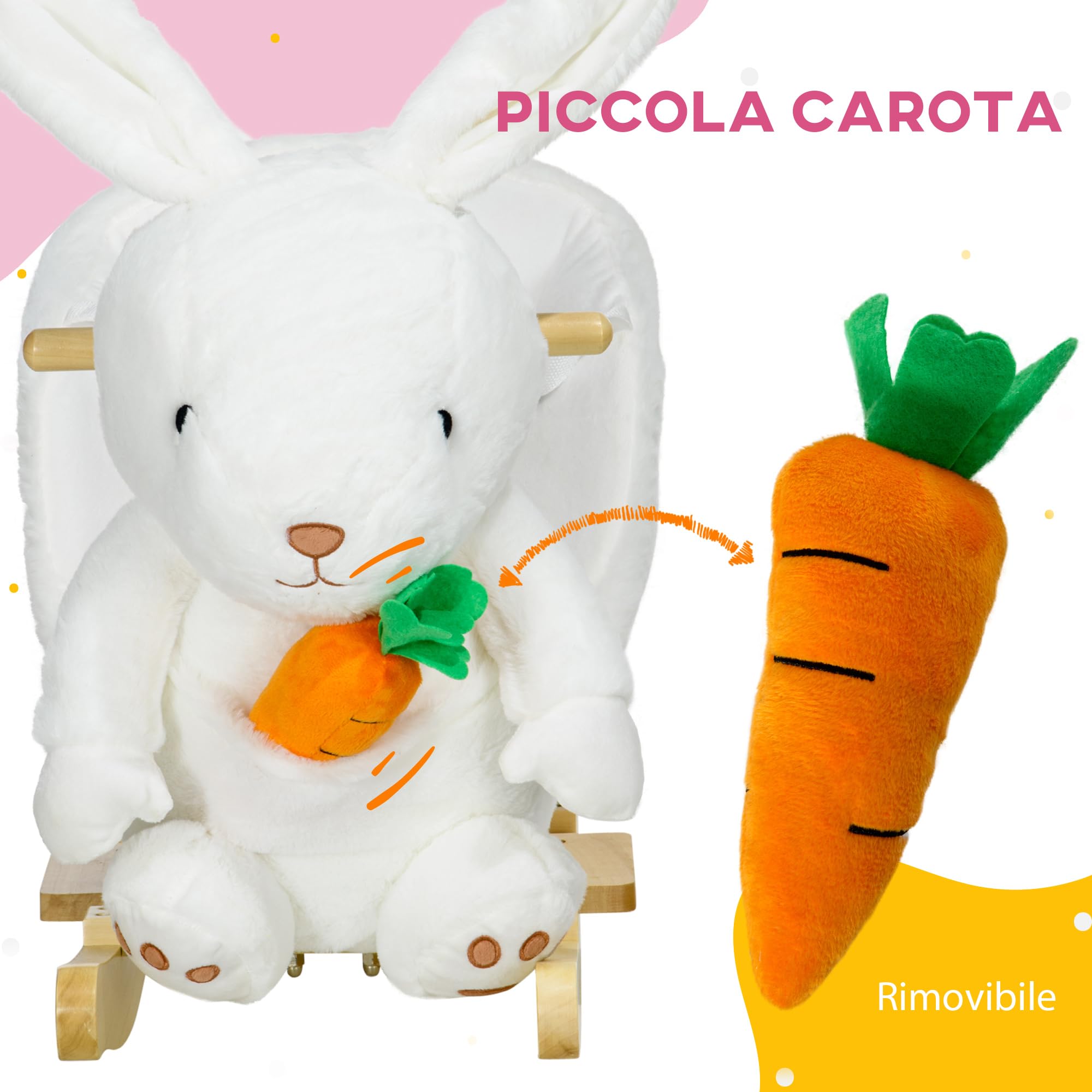 HOMCOM Cavallo a Dondolo per Bambini da 18-36 Mesi, Cavalluccio a Dondolo per Bambini Cavalcabile con Suoni Realistici, 60x33x50 cm, Bianco