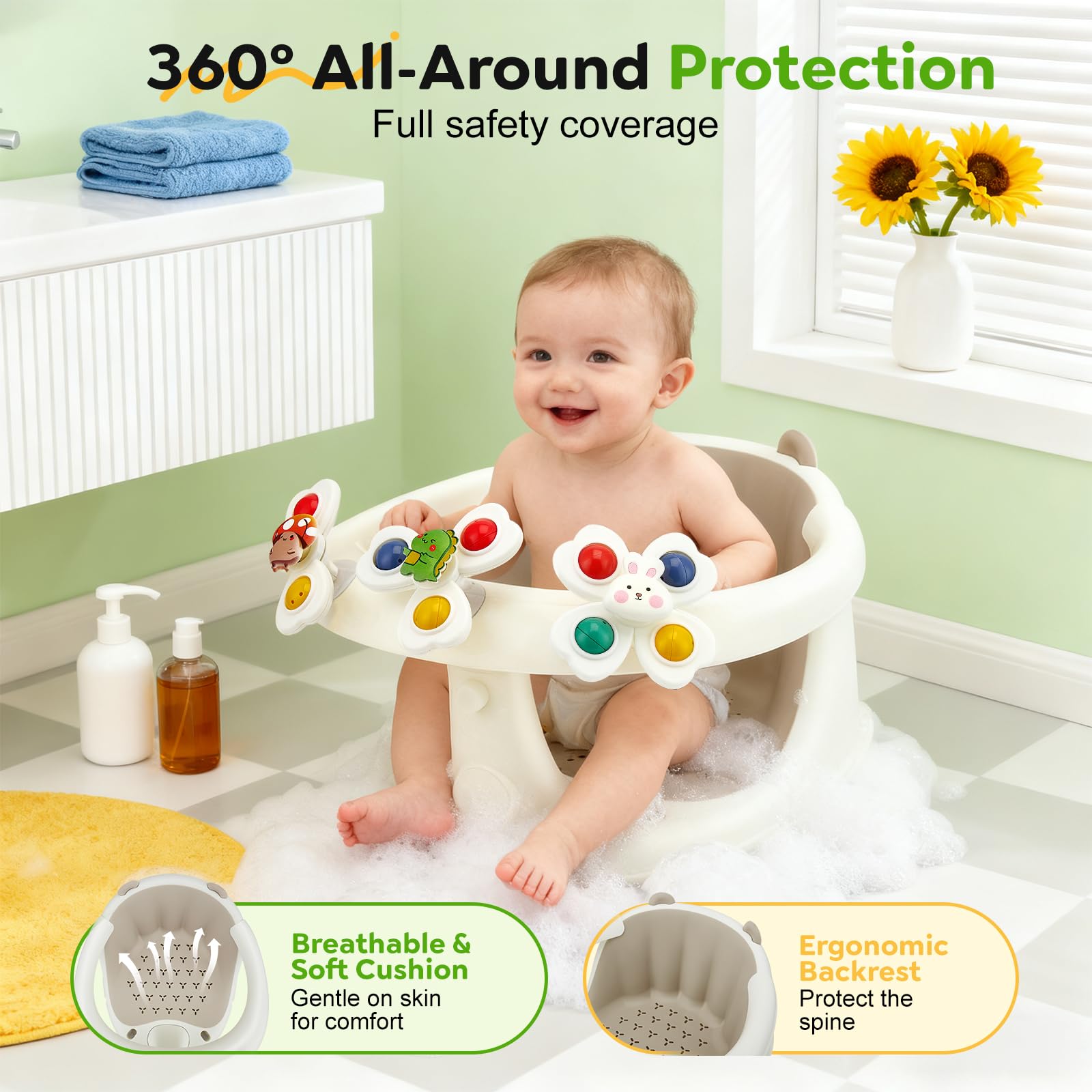 Asiento de baño para bebés a partir de 6 meses, asiento de bañera con 4 ventosas fuertes, respaldo ergonómico