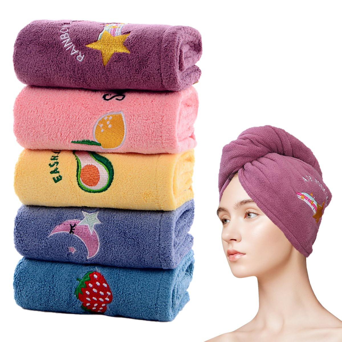 5 Pezzi Asciugamano per Capelli Asciutti, con Bottoni Turbante Asciugacapelli, Super Assorbente Donne e Ragazze Asciugamani Capelli, Twist Turbante Capelli per Capelli Lunghi, Corti, Ricci e Lisci