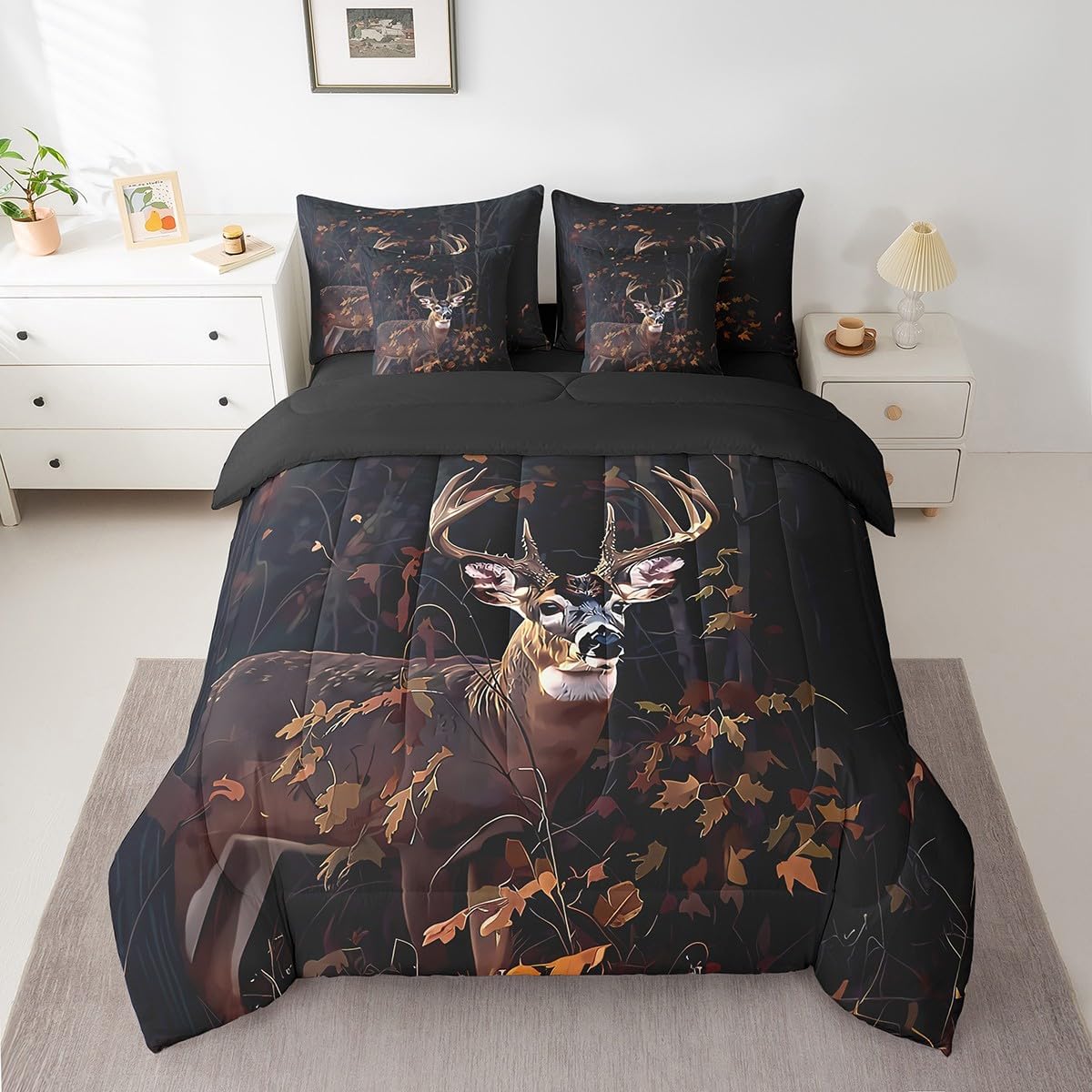 Feelyou Deer Comforter Set 7 Pieces Deer Hunting Bedding Set Twin Size Bedroom Antlers Western Farmhouse Wild Animal Rustic Cabin Fall Bed in a Bag Black Bed Set with Comforter, Sheet Set, Pillowcases