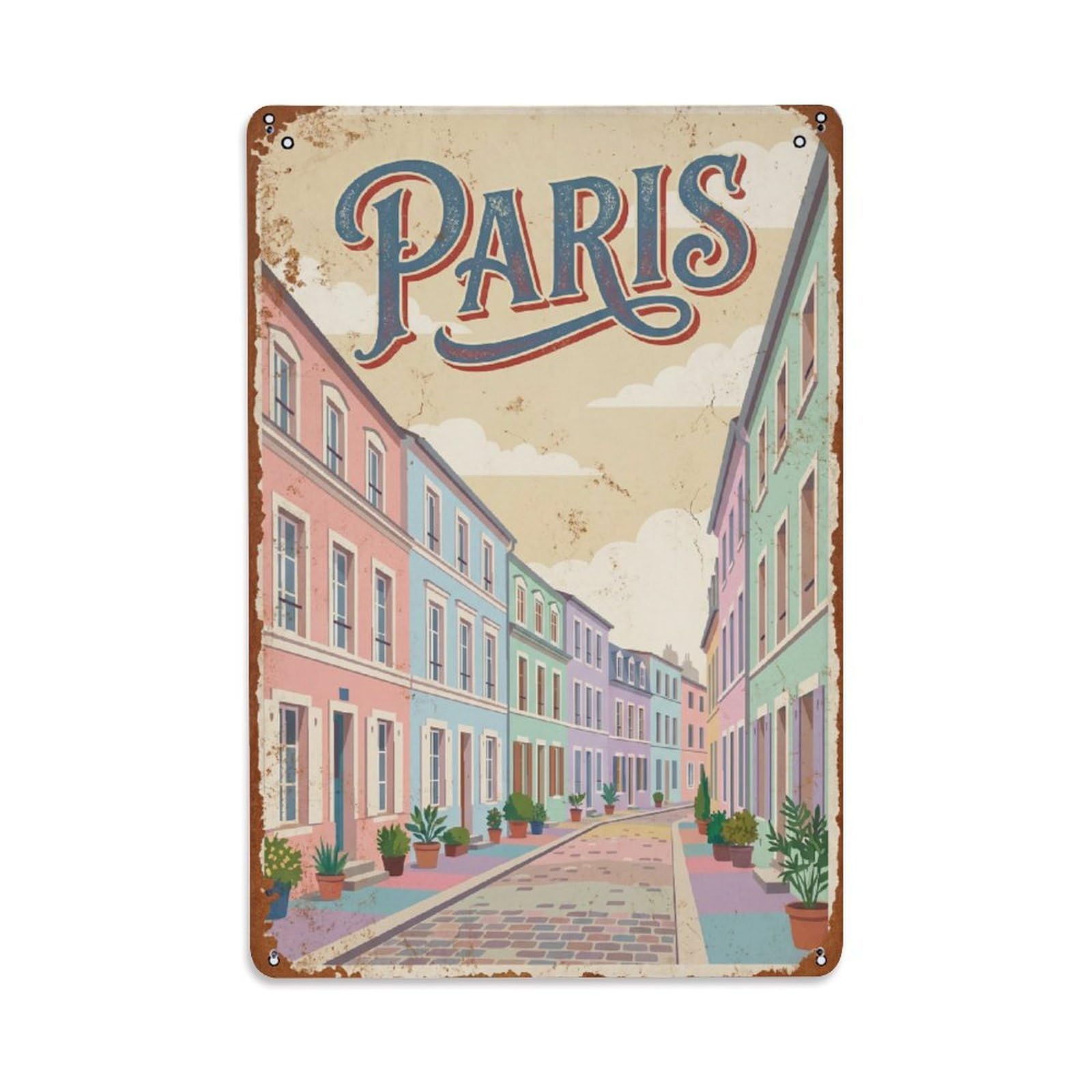 Vintage Travel Paris Rue Crémieux Colorful Street Rusted France Metal Tin Sign Plaque Wall Decor for Cafe, Club Bar, Office, Home Garden Metal Poster 8x12Inch