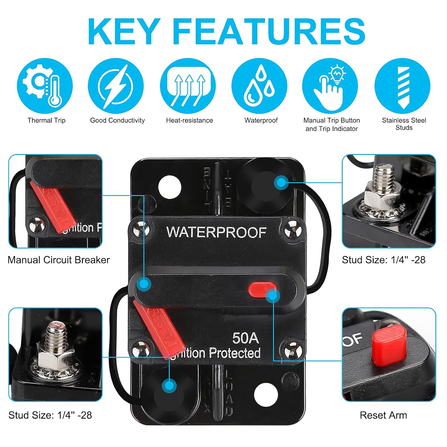 50 Amp 12V-48V DC Fuse Holder,Audio Circuit Breaker,Auto Car Stereo Inline Fuse Holders, Manual Reset,for Car Audio Marine Boat Stereo with Wire Lugs and Heat Shrink Tube