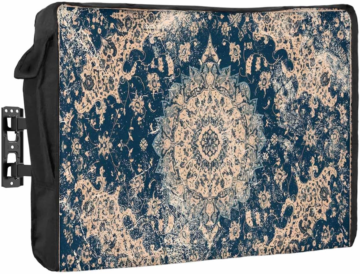 Outdoor TV Cover Blue Classic Medieval Retro African Pattern Waterproof and Weatherproof 60"-65" LCD Movable Shield TV Display Screen Protector Outside Television Covers