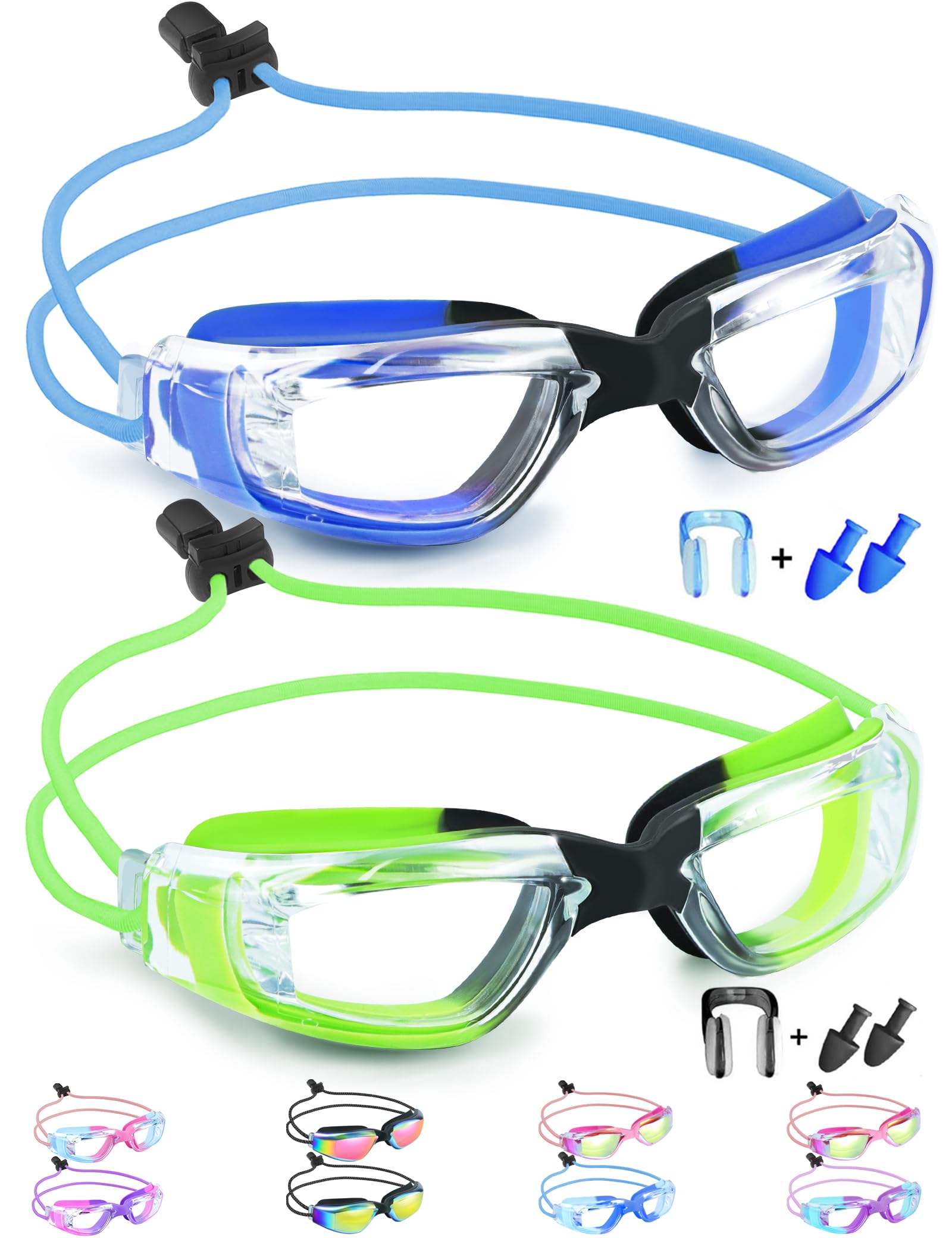 Vvinca Goggles for Kids 6-14 with Bungee Strap 2pc, Toddler Kids Swim Goggles for Swimming 8-12 No Hair Pulling for Boys Girl