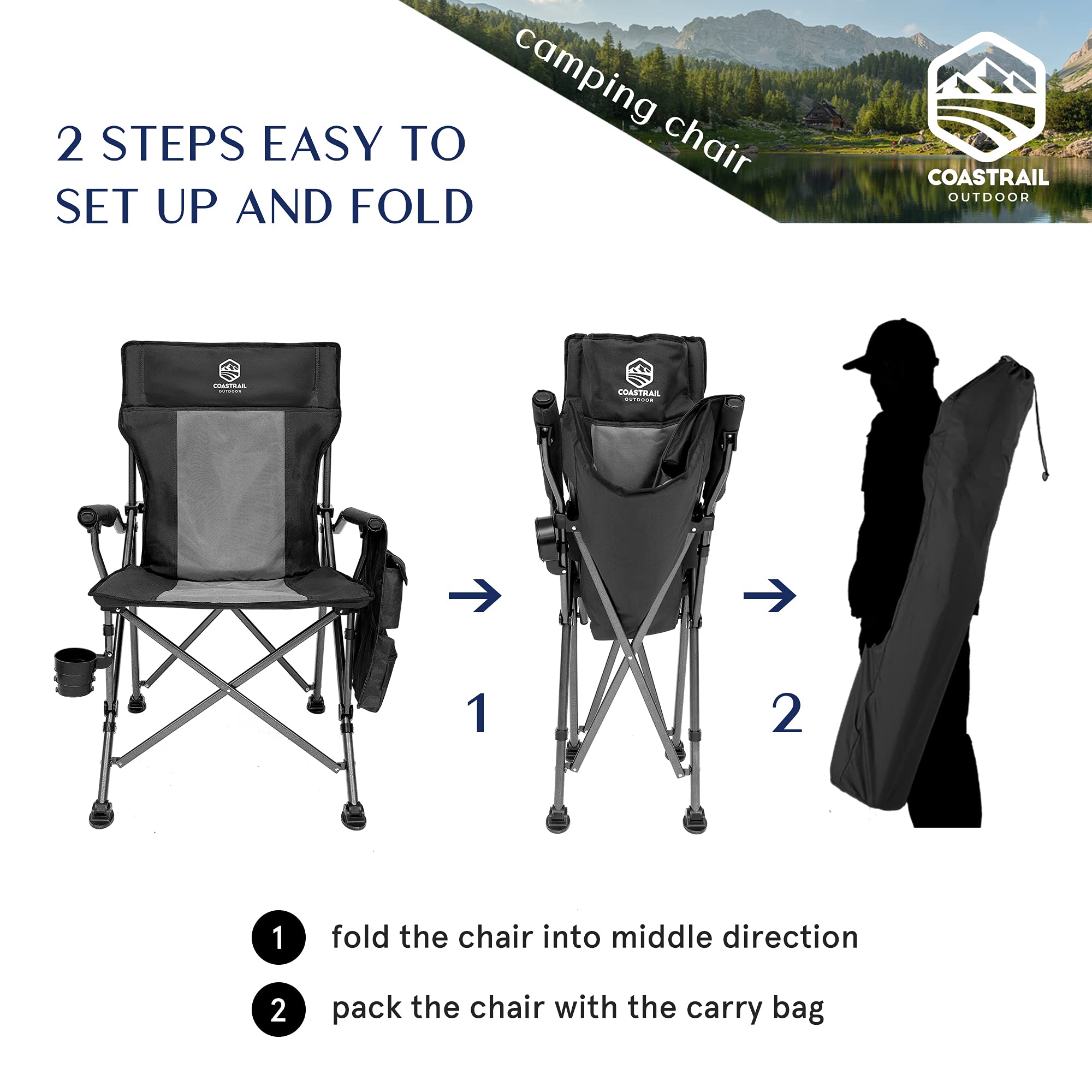 Coastrail Outdoor Folding Camping Chair High Back Padded Lawn Chair with Foldable Cup Holder, Side Storage, Back Pocket for Camping Hiking Heavy Duty 350 lbs Weight Capacity, Black