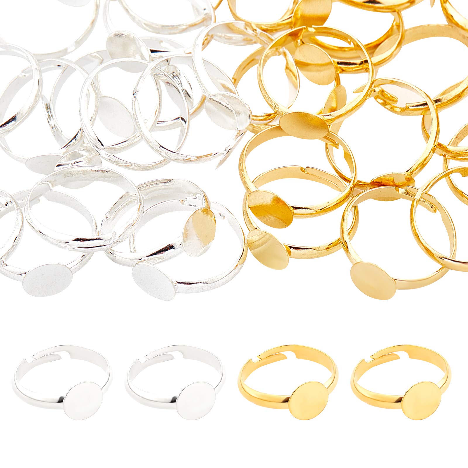 PH PandaHall 40pcs 2 Colors Adjustable Flat Ring Base Blank, Metal Round Finger Ring Trays Ring Blanks with 8mm Flat Base Rings Cabochon Base Bezel for Ring Blanks Making Kit