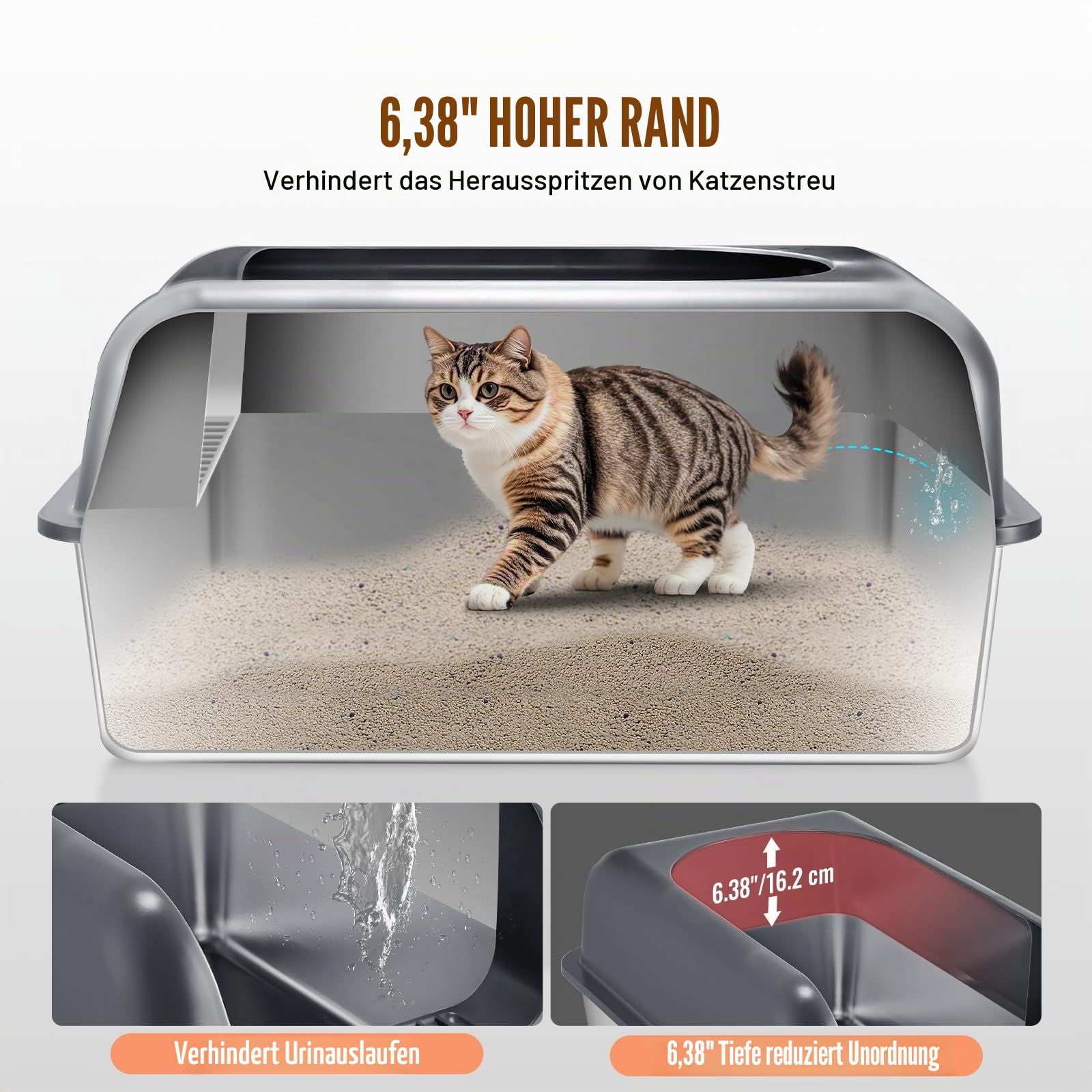 VEVOR Katzentoilette, 152,4 mm tief, XL extragroßes Katzenklo aus Edelstahl mit Schaufel, breitem Filter-Fußteil und hohen Rand, geruchsfreie Schalentoilette für Katzen, 60 x 40 x 30 cm, Dunkelgrau