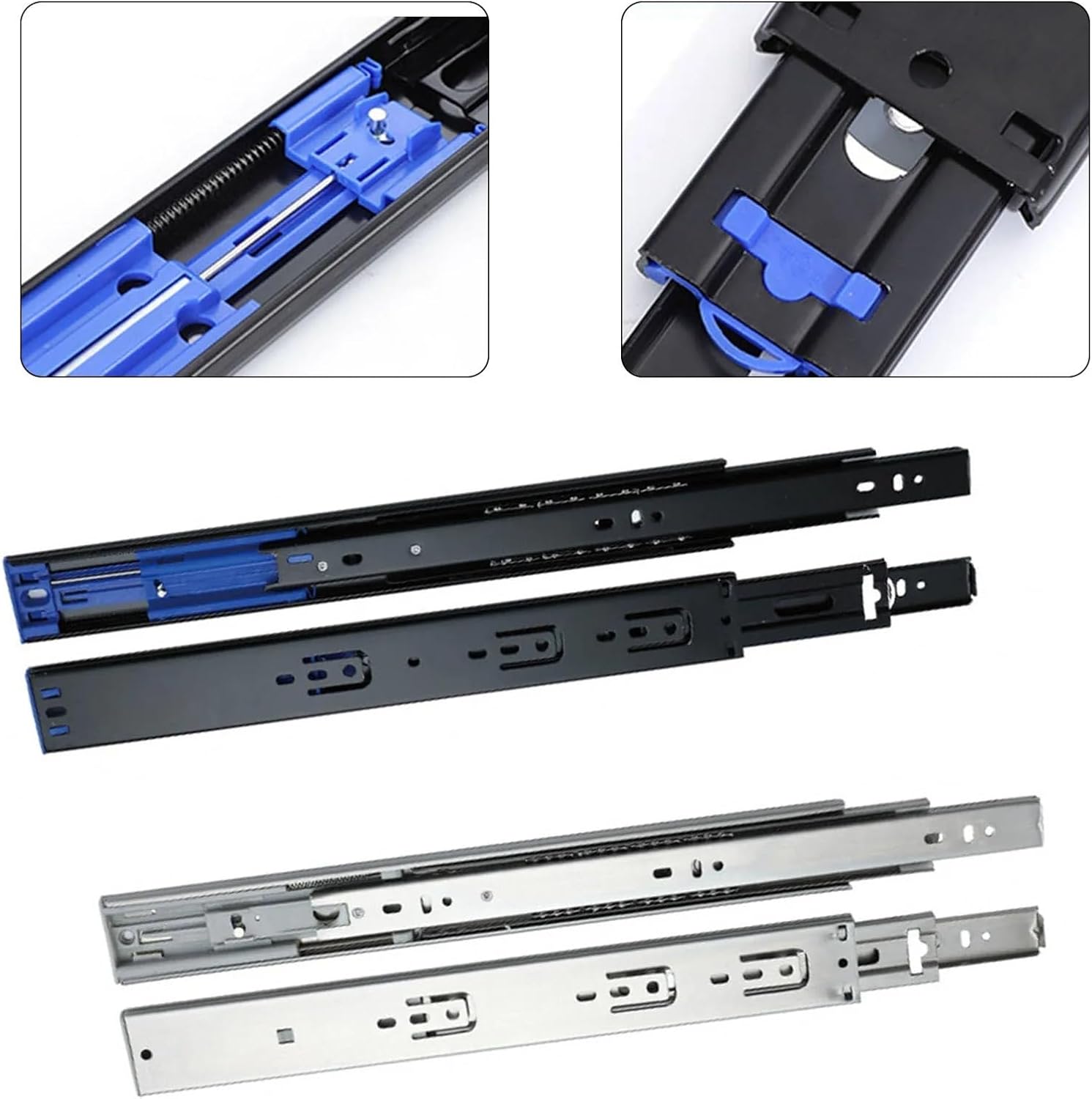 Hardware Full Extension Side Mount Drawer Slides Steel Drawer Slide Rail Three-Section Cabinet Mute Damping Buffer Furniture Hardware(Silver 16 inch)