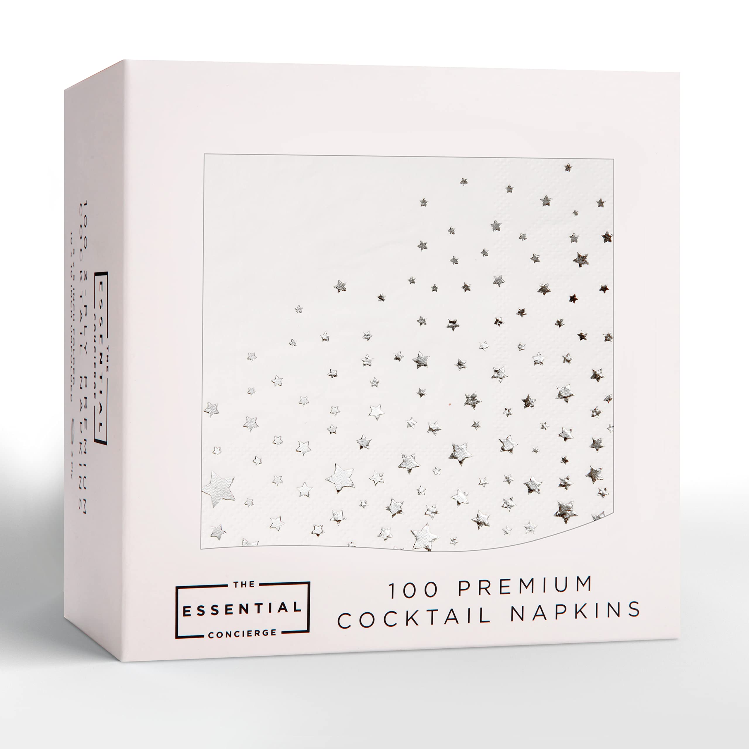 Elegantes servilletas de estrella plateada de 5 x 5 pulgadas, paquete de 100 servilletas de cóctel blancas y plateadas, añade brillo a tu evento con servilletas de fiesta, servilletas plateadas de 3