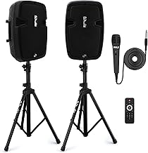 Pyle Powered Bluetooth PA Speaker Kit - Event Ready - Just Plug In and Play Active and Passive 350w Loudspeakers with Wired Microphone, Speaker Stands, Remote - MP3/USB/SD/AUX inputs - PPHP849KT