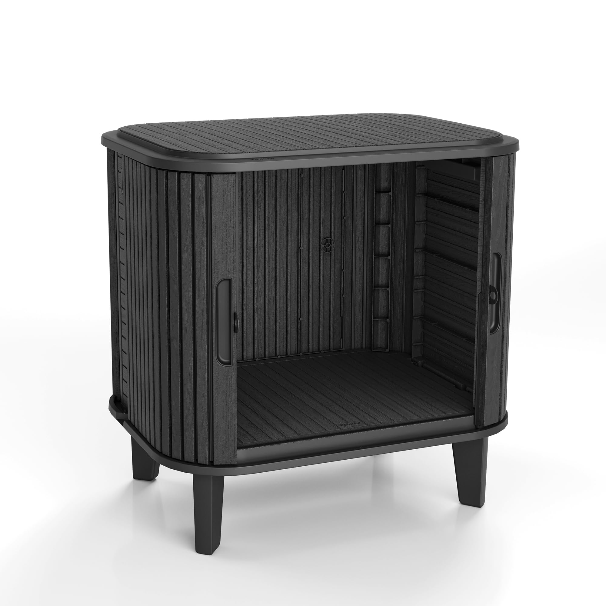 Keter Velo Aufbewahrungsschrank, Graphit, 113 L, 62,3×47×62,4 cm | wetterfest, abschließbar, Holzoptik, stapelbar, mit Schiebetüren