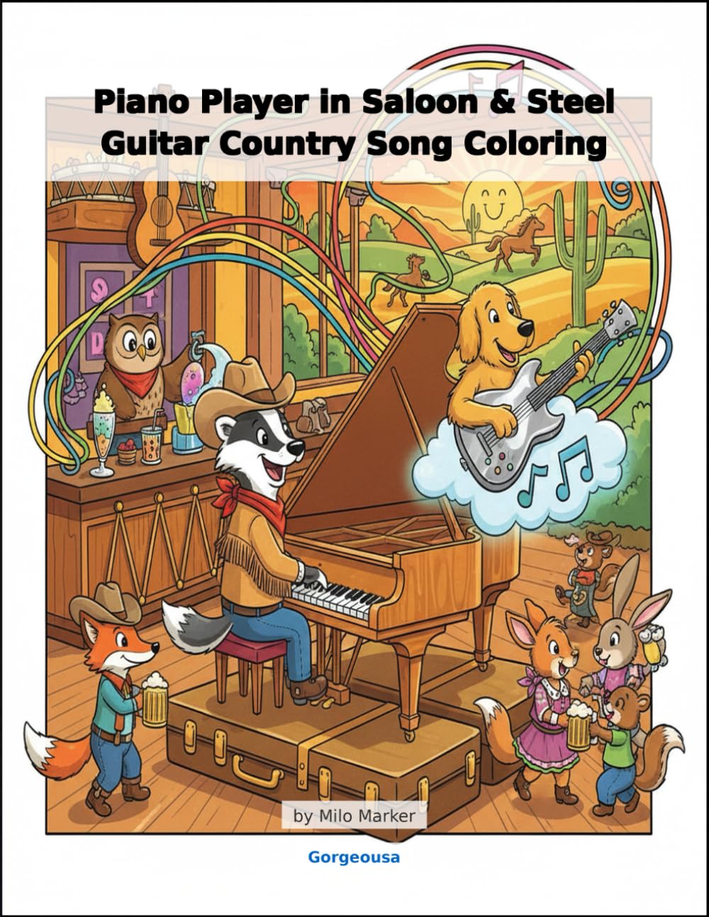 Piano Player in Saloon & Steel Guitar Country Song Coloring
