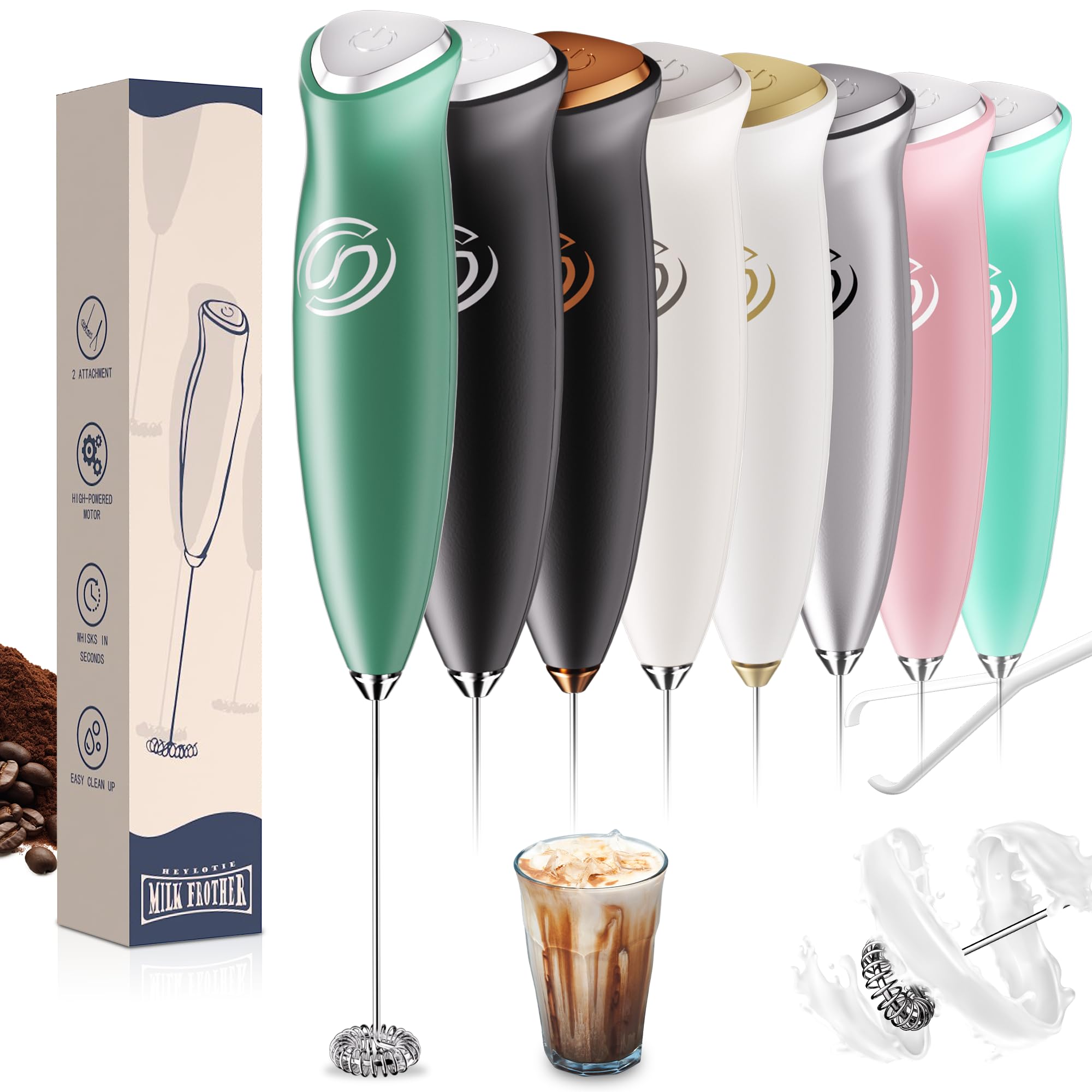 Milk Frother Handheld Frother Wand Drink Mixer Handheld Coffee Stirrers Electric Frother for Coffee Mixer Wand with 2 Whisk frother for protein powder coffee frother handheld-Green