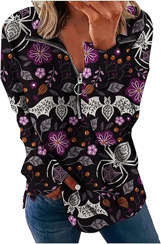 Sudadera de calabaza de Halloween para mujer Sudaderas con cremallera Manga larga Esconder Jersey informal
