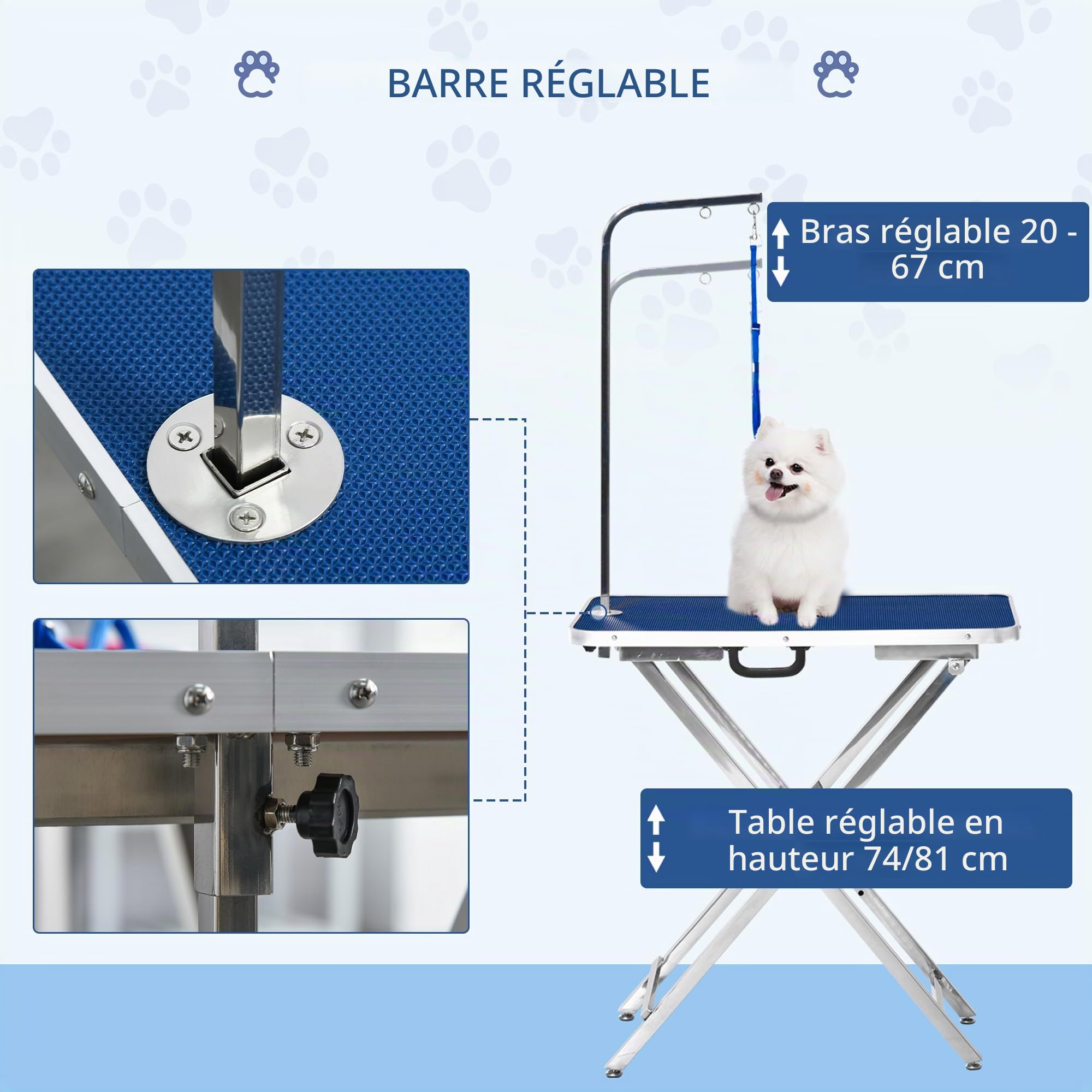 PawHut Table de toilettage Hauteur réglable, plateau antidérapant, pieds pliables en acier inoxydable, poignée et bras ajustables 72x45x74-81 cm Bleu