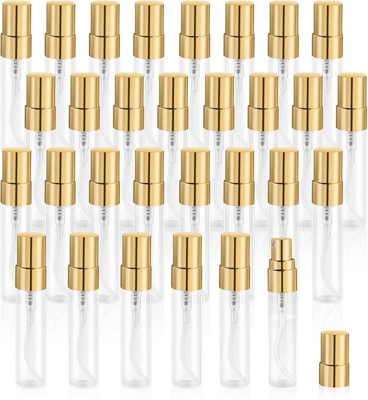 Mirrline Frascos de Spray em Vidro 5 mL com Tampas Douradas, Pacote com 30 e Acessórios